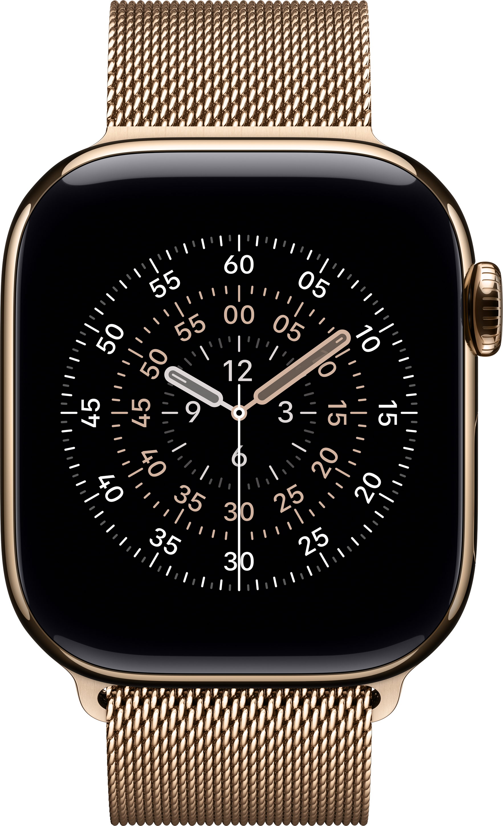 Une Apple Watch dorée avec un écran noir affichant l'heure. Le bracelet est également doré et en forme de maille.