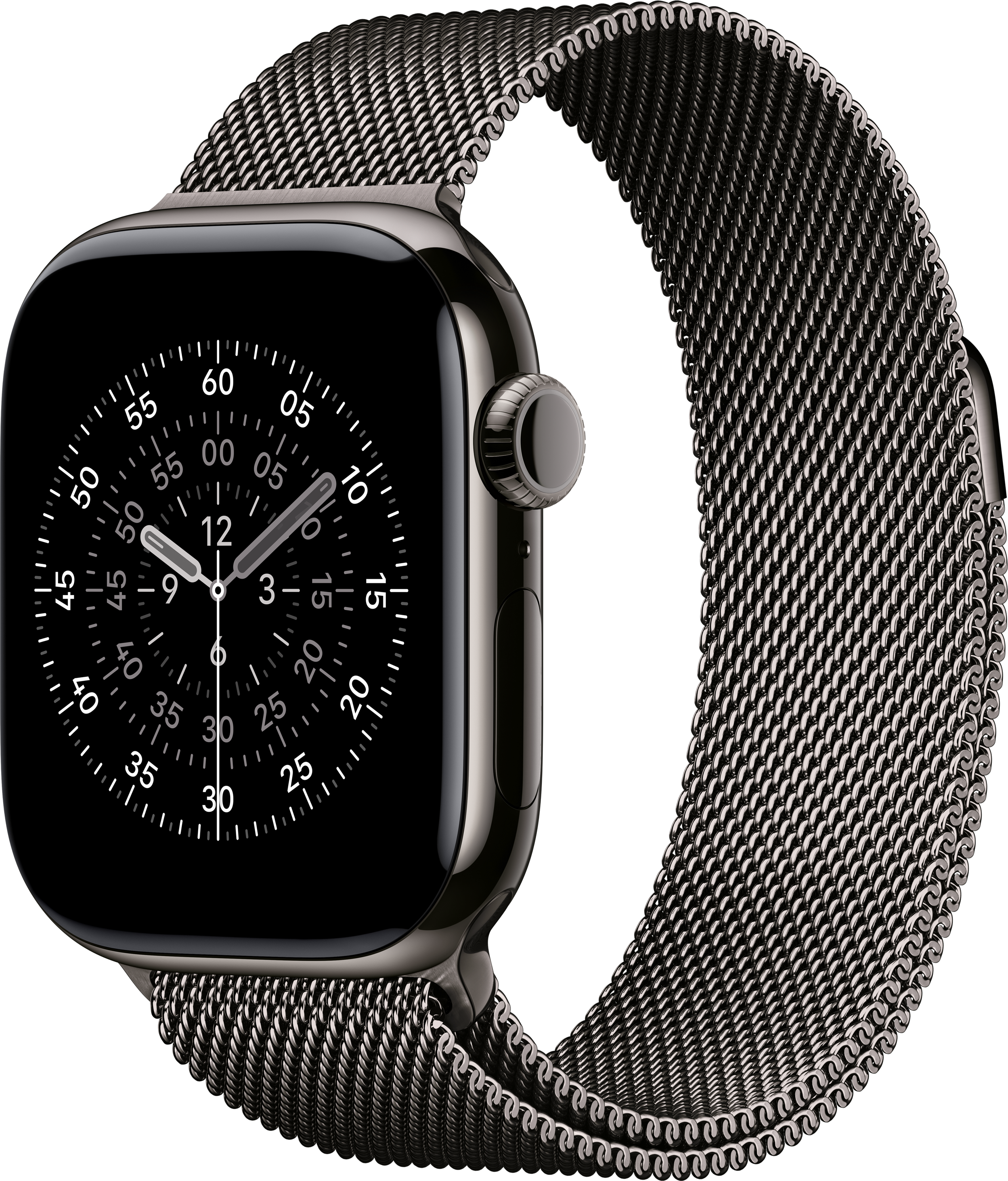 Uno smartwatch nero con cinturino a maglia in acciaio inossidabile. Il quadrante mostra l'ora.