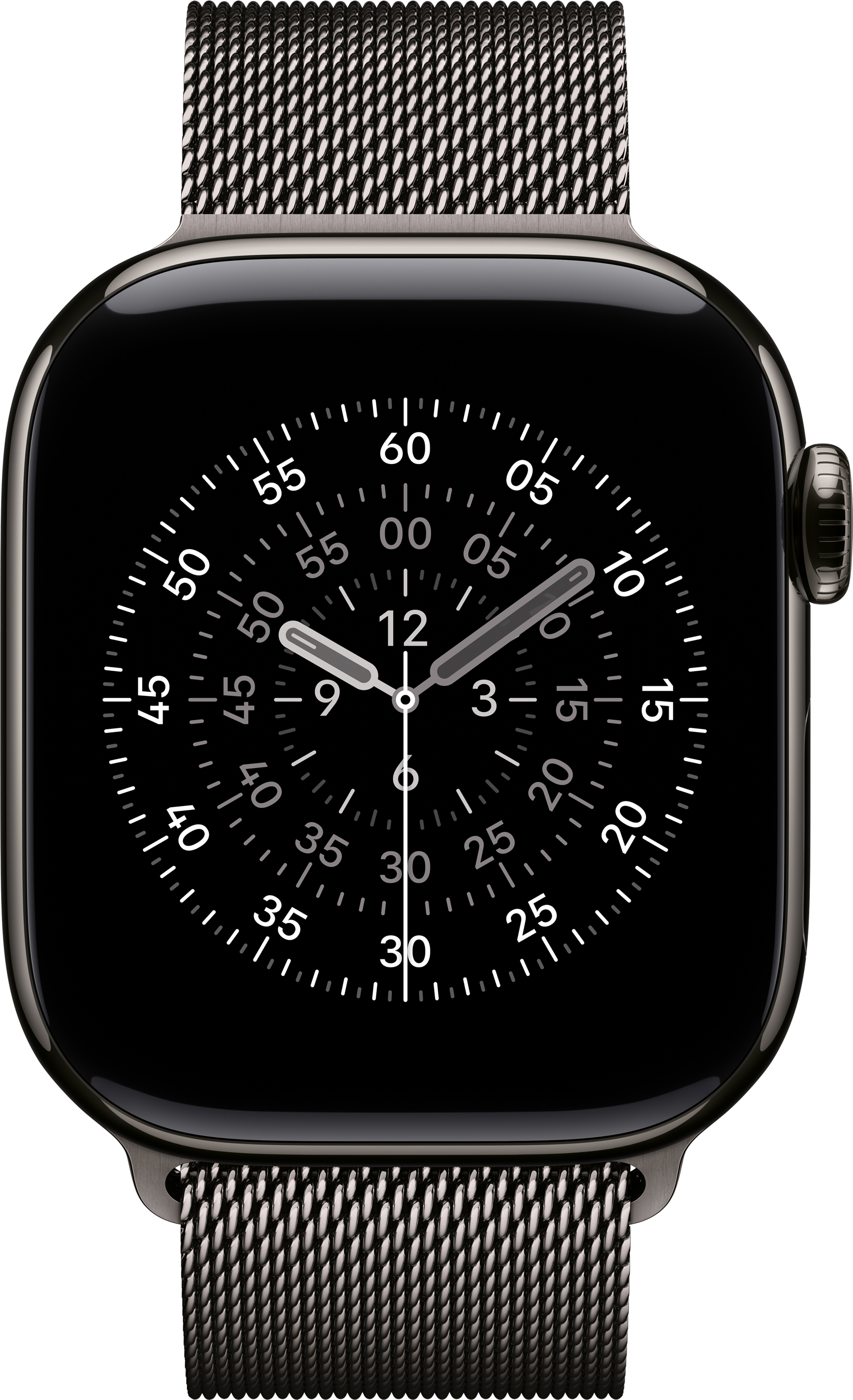 Primo piano di uno smartwatch con quadrante nero che mostra l'ora. Il cinturino è a maglia argentata. L'orologio indica le 9:15.