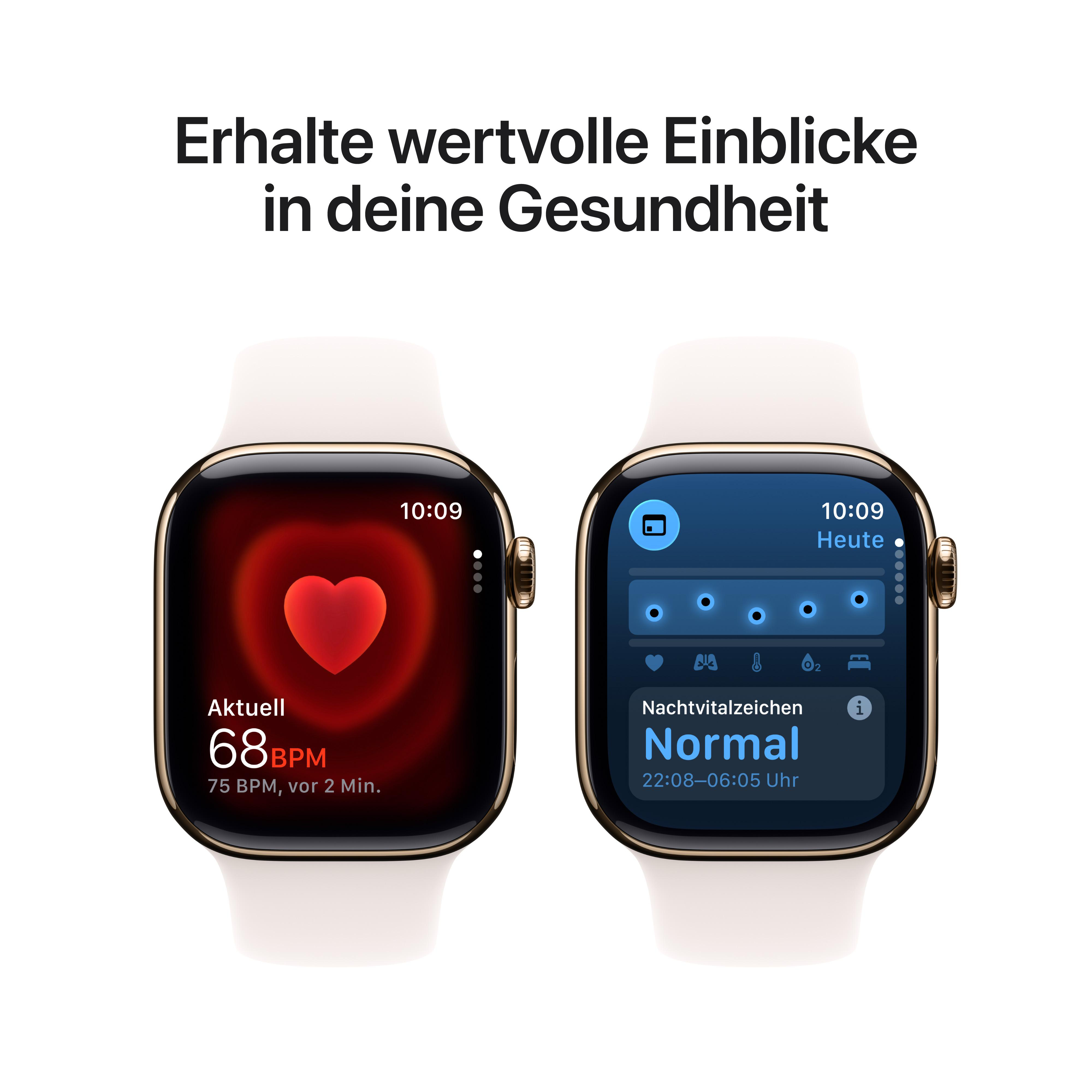 Zwei Smartwatches zeigen Gesundheitsdaten: Herzfrequenz und Schlafanalyse. Text oben: 'Erhalten Sie wertvolle Einblicke.'