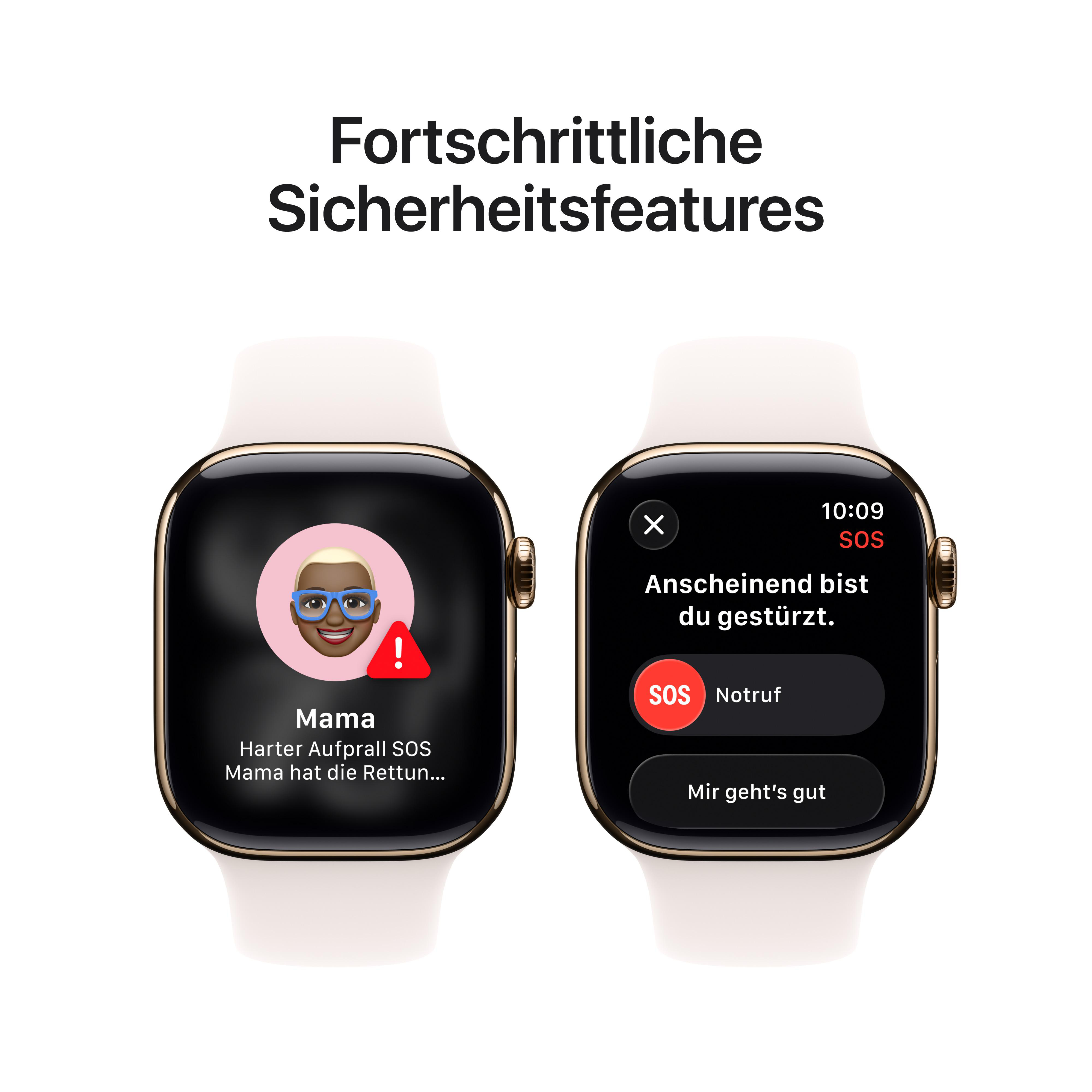 Zwei Smartwatches auf Weiß. Eine zeigt einen Sturzalarm mit Emoji, die andere einen SOS-Bildschirm.