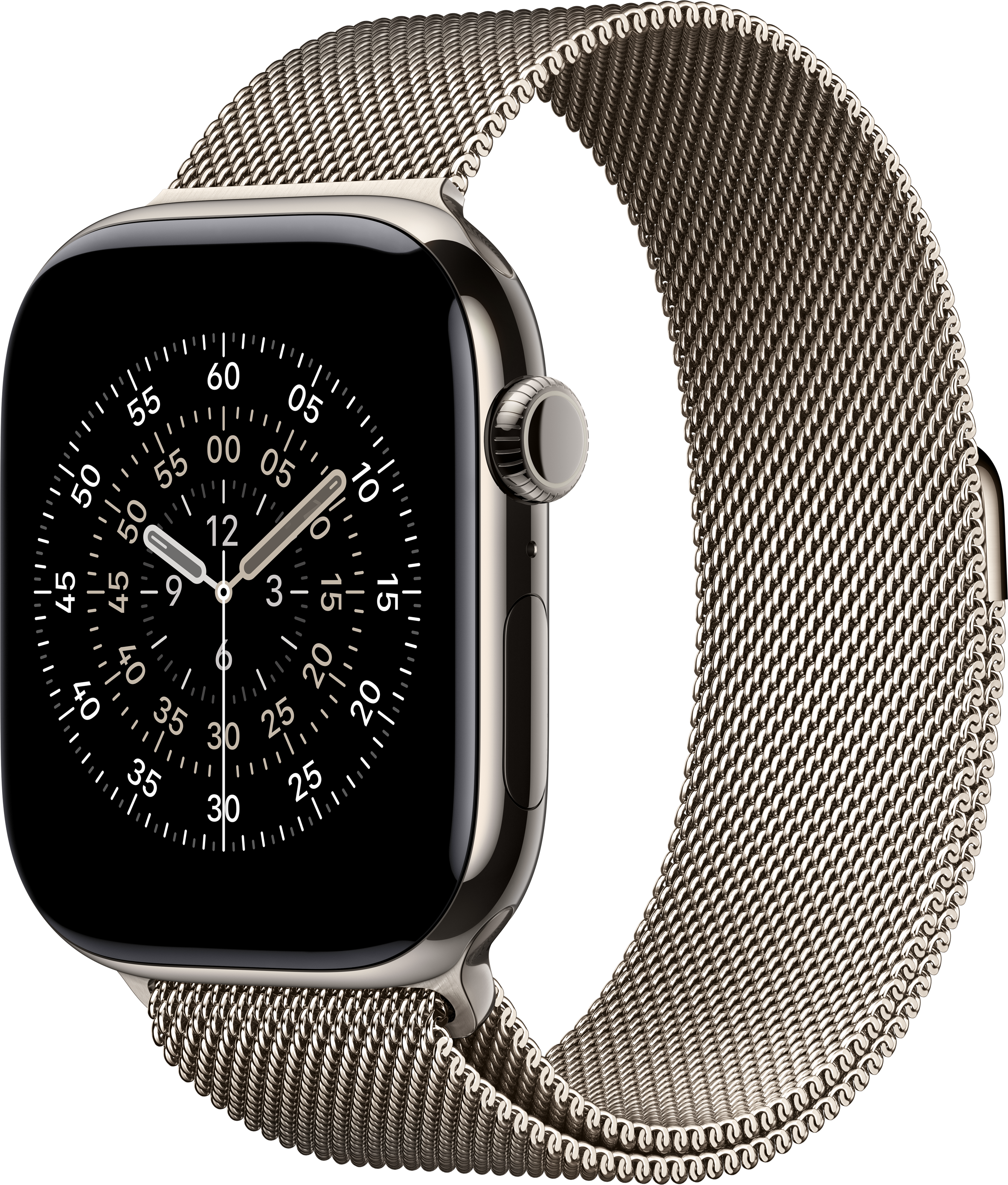 Uno smartwatch argentato con cinturino a maglia mostra l'ora. Il quadrante ha sfondo nero con numeri e lancette bianche.