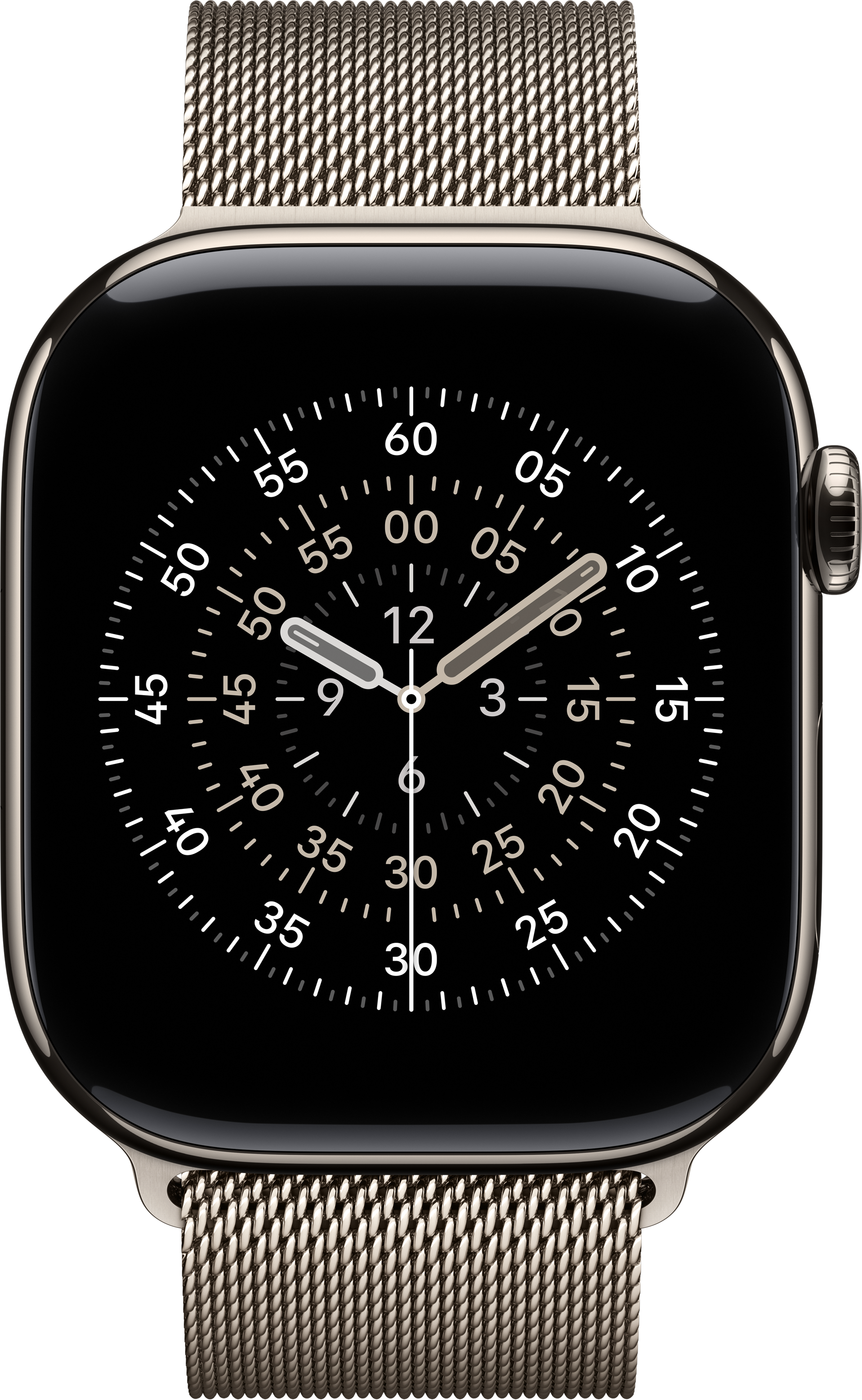Un Apple Watch argentato con quadrante nero che mostra l'ora. Ha un cinturino a maglia.