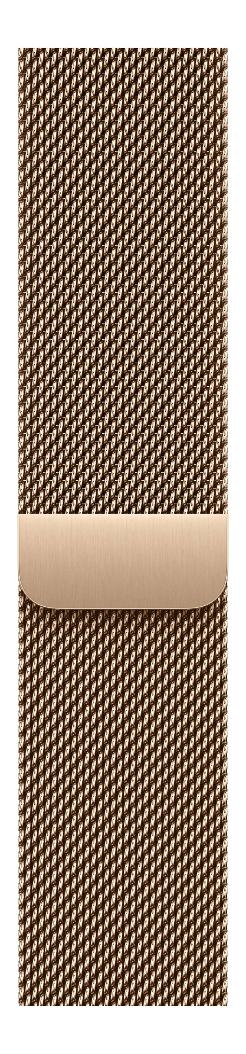 Nahaufnahme eines Uhrenarmbands mit goldfarbenem Metallgeflecht und einem Goldriegel oben.