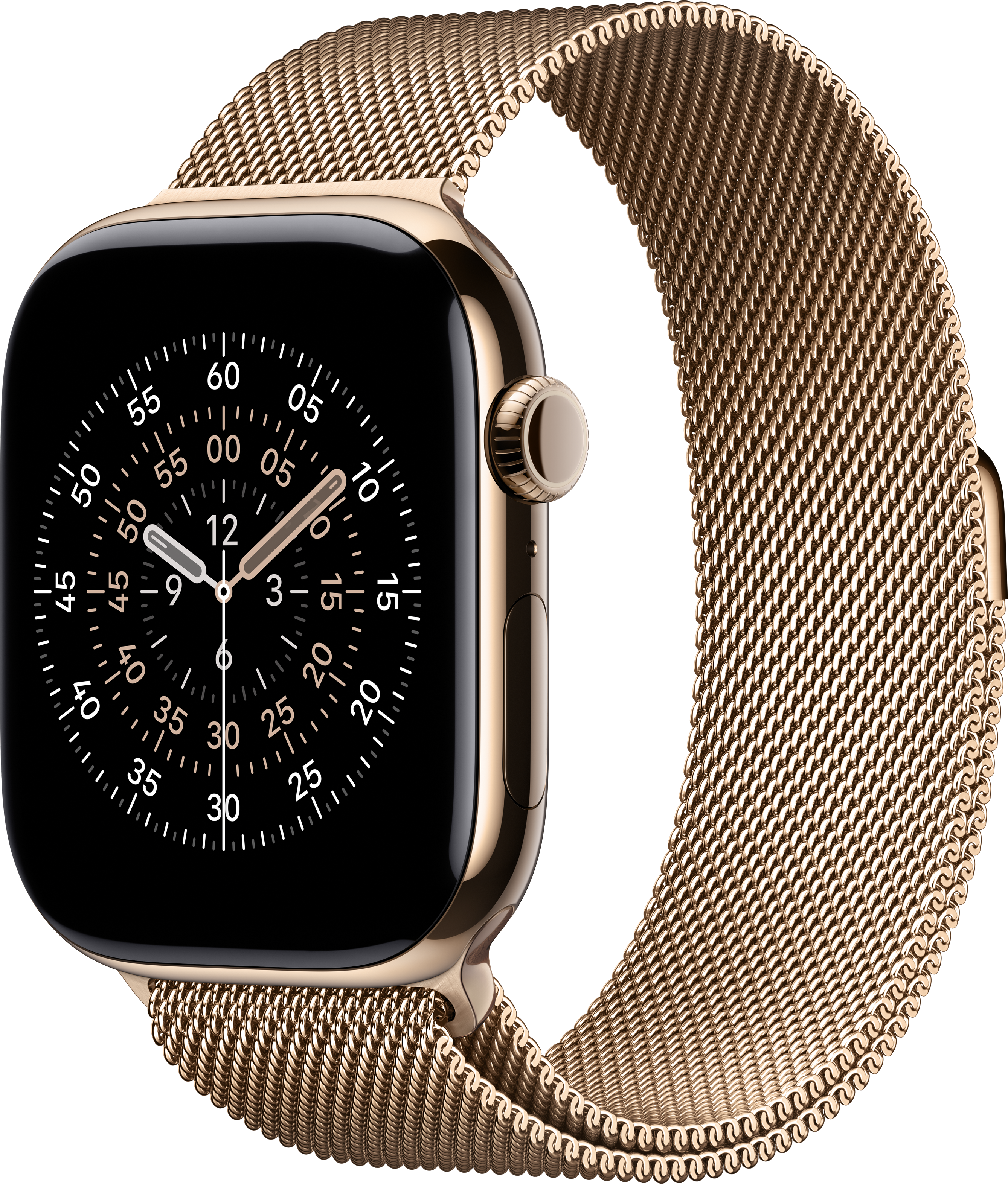 Eine goldene Apple Watch mit schwarzem Bildschirm, der die Uhrzeit anzeigt. Es hat ein goldenes Mesh-Armband.