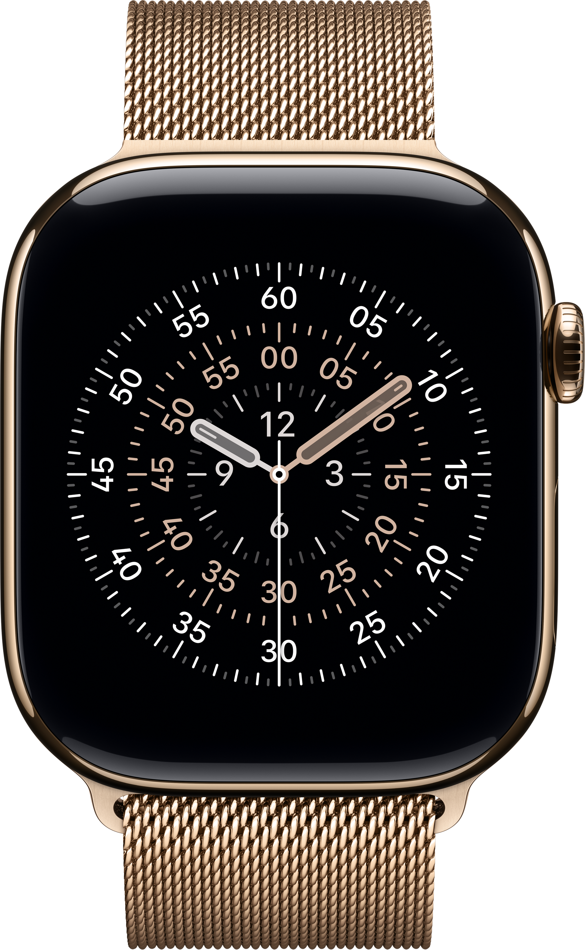 Eine goldene Apple Watch mit schwarzem Zifferblatt zeigt die Uhrzeit. Das Armband ist aus goldenem Mesh.