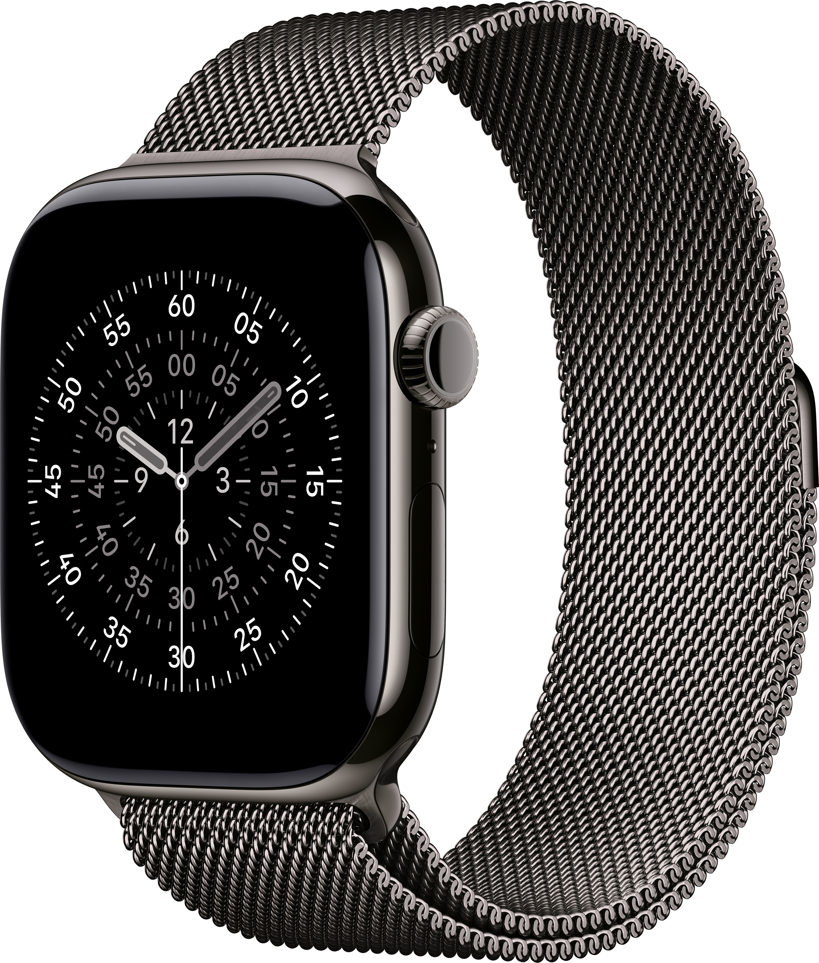 Eine dunkle Apple Watch aus Edelstahl mit einem Mesh-Armband. Das Zifferblatt zeigt die Uhrzeit.