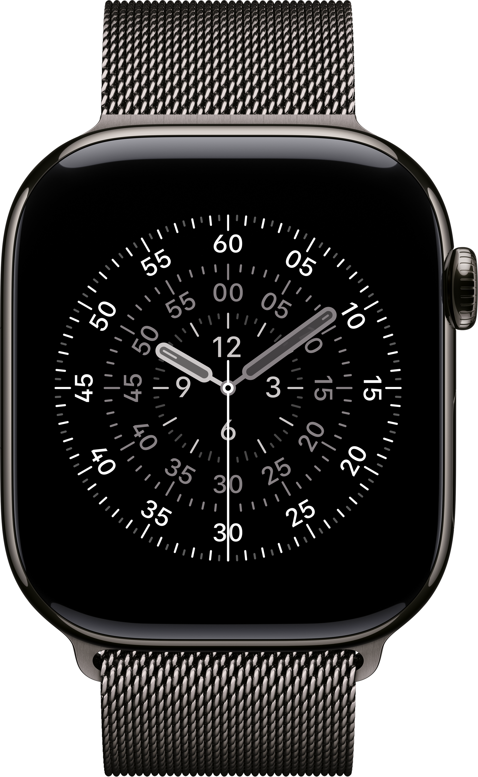 Nahaufnahme einer Smartwatch mit schwarzem Bildschirm, der die Uhrzeit anzeigt. Das Armband ist silberfarben, der Hintergrund ist schwarz.