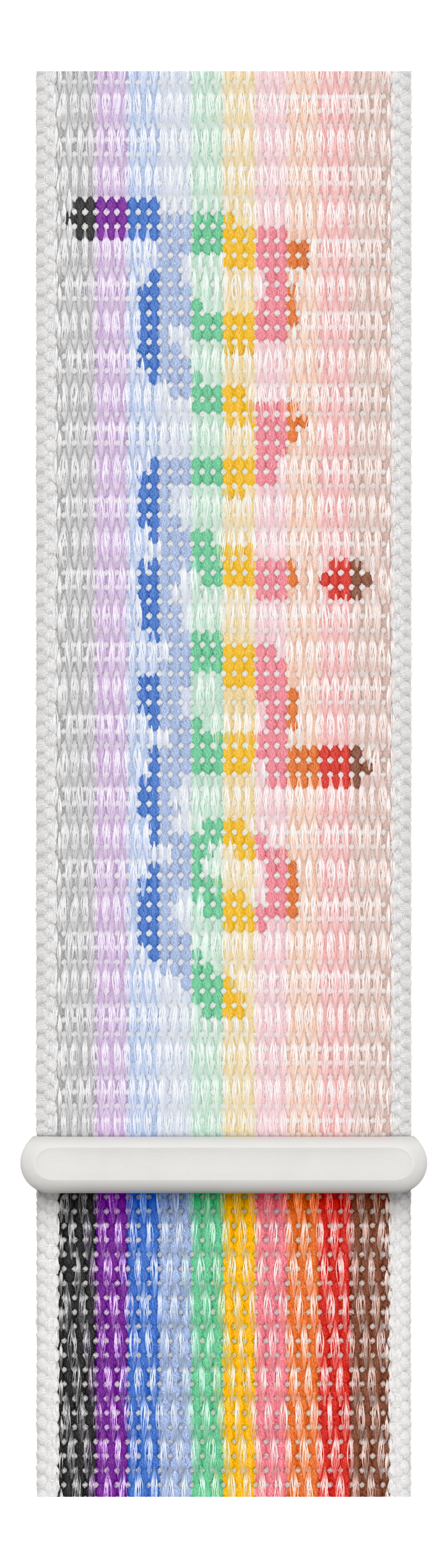 Un bracelet en tissu aux couleurs de l'arc-en-ciel avec un fermoir blanc. Il a des rayures.