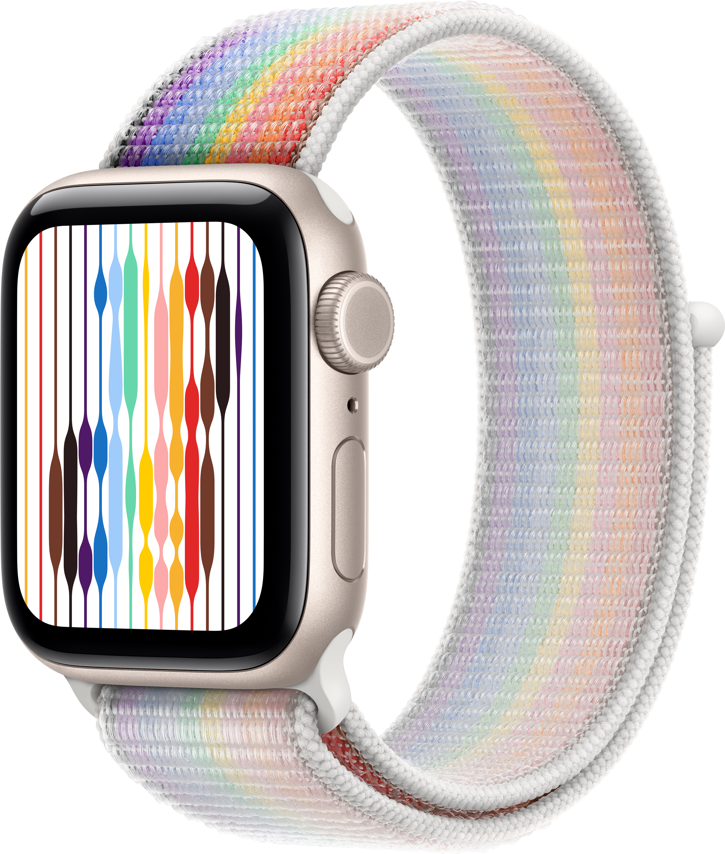 Une Apple Watch avec un bracelet arc-en-ciel. Le cadran a des lignes verticales colorées. Le bracelet est arc-en-ciel.