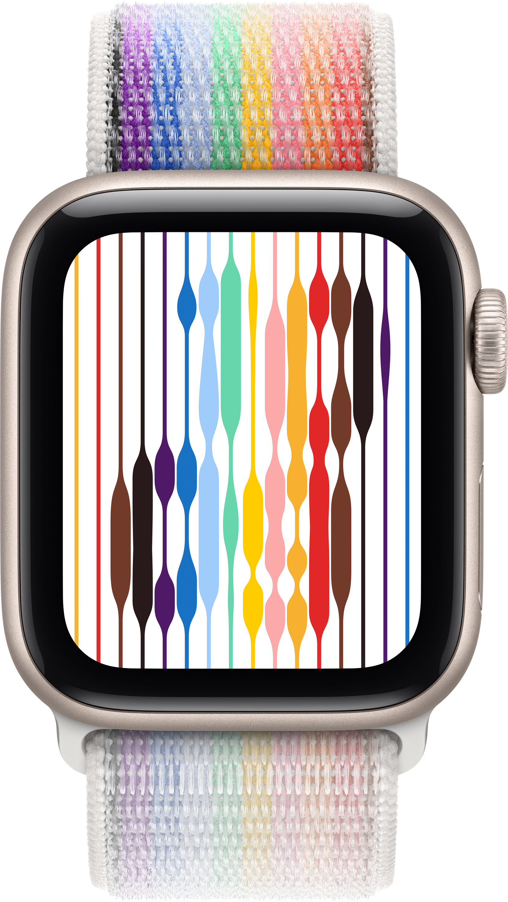 Apple Watch avec bracelet arc-en-ciel. Le cadran affiche des lignes verticales colorées. Le boîtier est argenté.