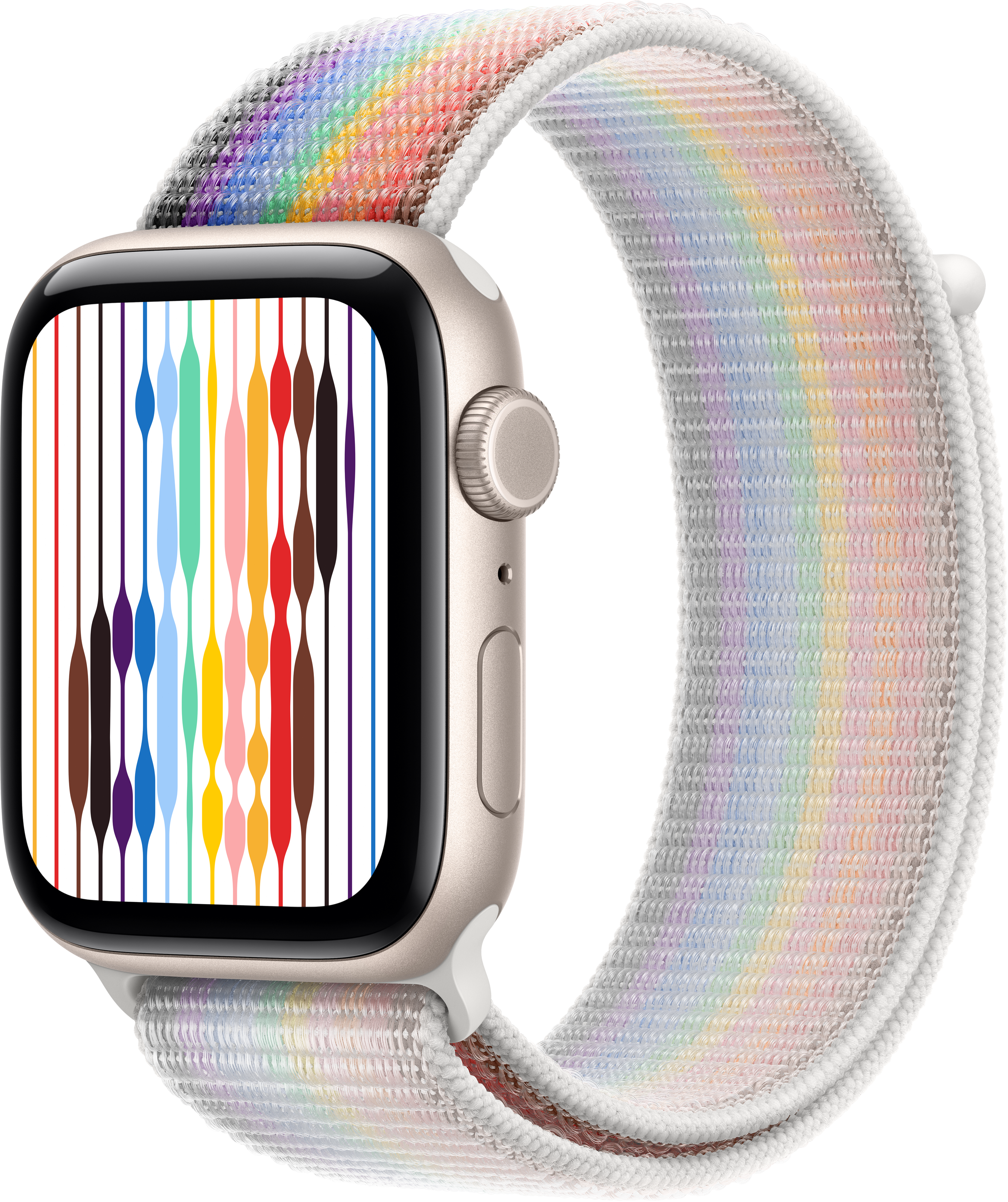 Une Apple Watch dorée avec un bracelet à rayures arc-en-ciel. Le cadran affiche des lignes verticales colorées. Fond noir.