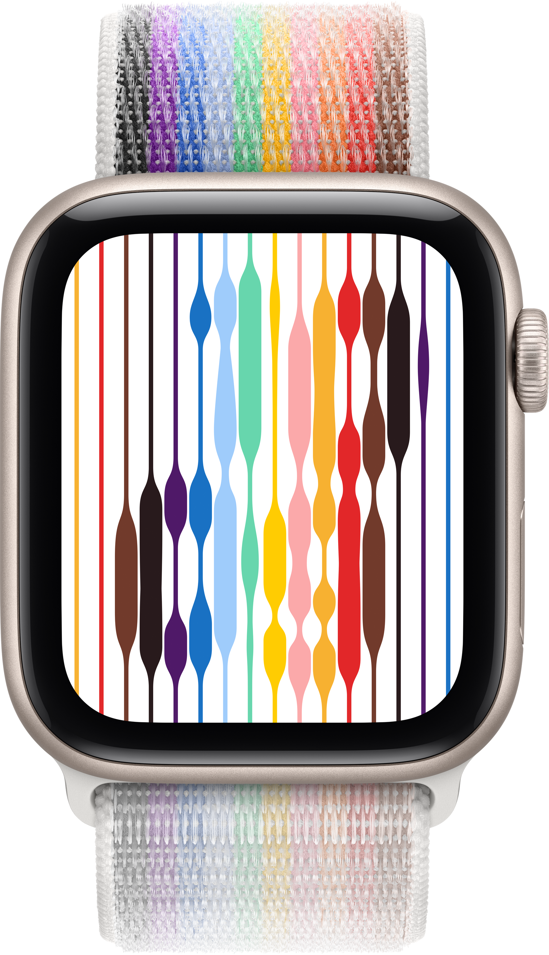 Une smartwatch affiche des lignes verticales colorées sur son écran. Le bracelet est blanc avec des couleurs arc-en-ciel.