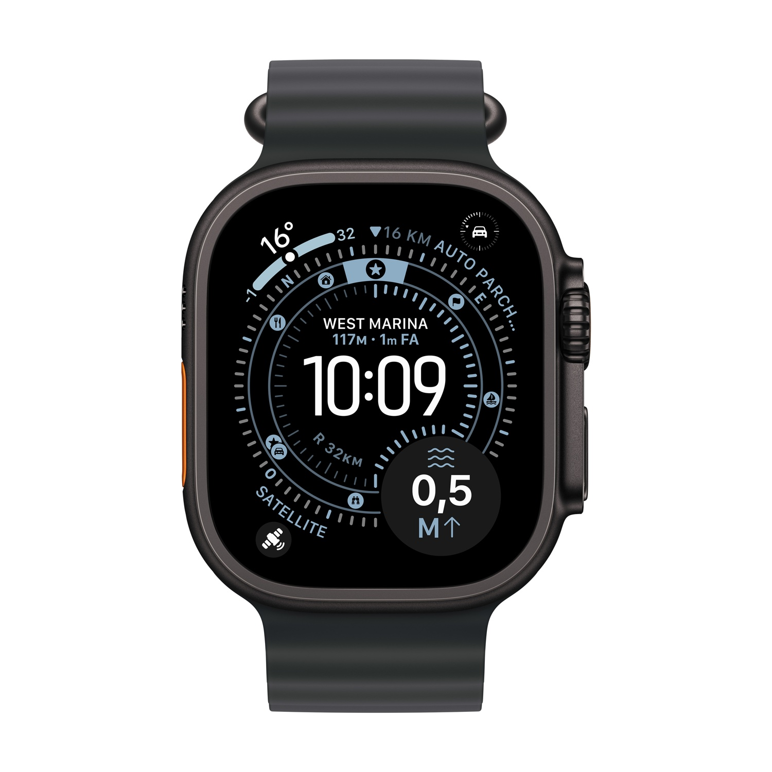 Smartwatch nera che mostra ora, temperatura e dettagli sulla posizione. Lo schermo mostra i dati di West Marina e le informazioni satellitari.
