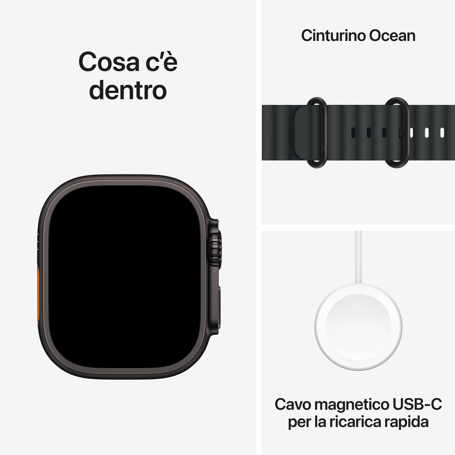L'immagine mostra un Apple Watch, un cinturino Ocean e un cavo di ricarica USB-C magnetico. L'orologio è nero, il cinturino scuro e il caricatore bianco.