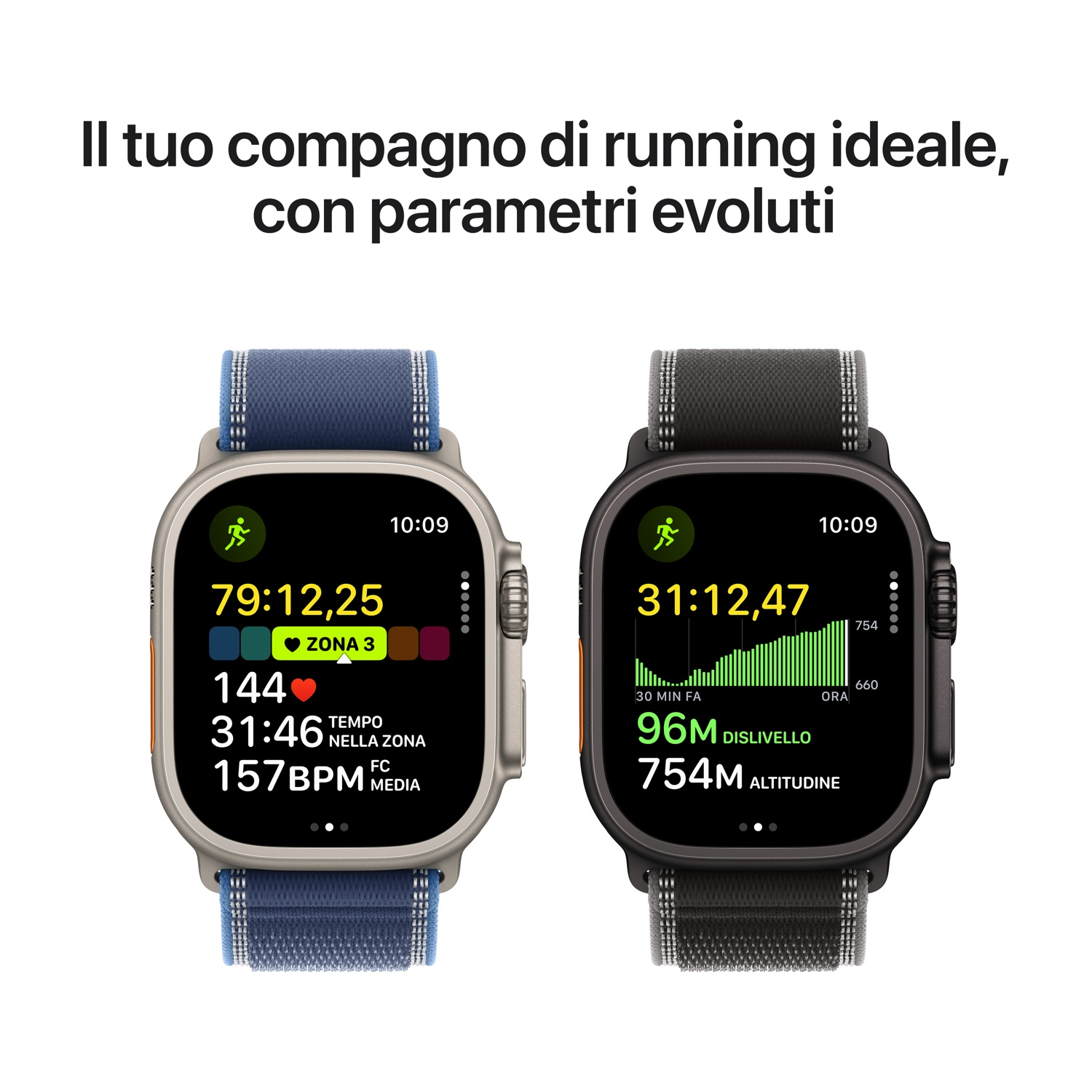 Due smartwatch mostrano metriche di corsa. Uno ha cinturino blu, mostra tempo e frequenza cardiaca, l'altro nero, mostra altitudine.