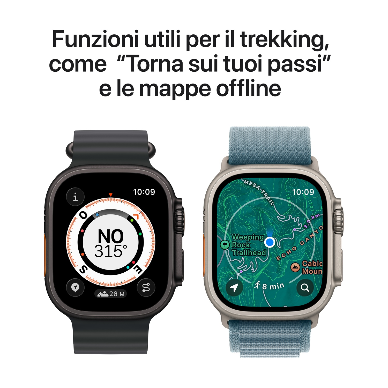 Due smartwatch mostrano funzioni di trekking. Uno mostra una bussola, l'altro una mappa con dettagli del percorso.