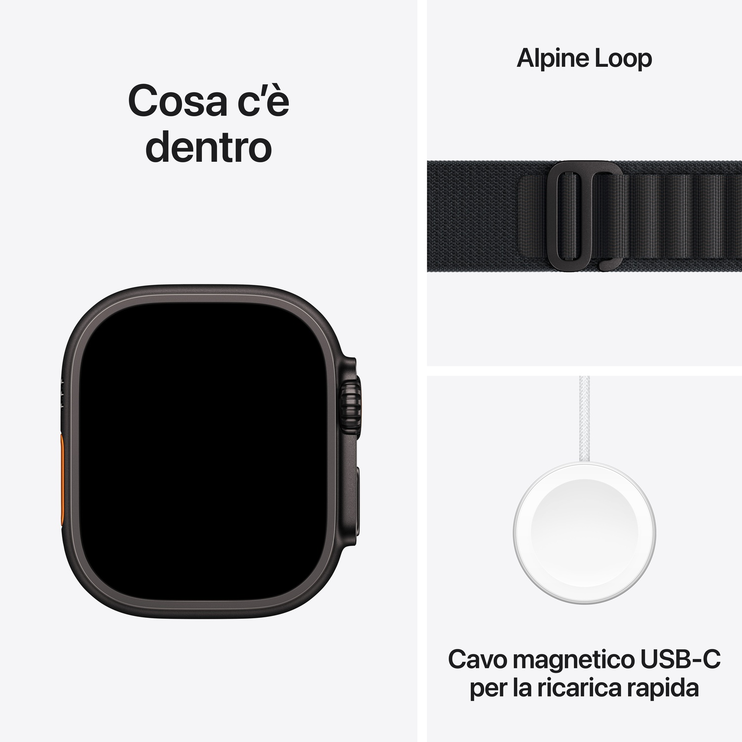 Un Apple Watch con schermo nero, cinturino Alpine Loop e cavo di ricarica magnetico USB-C sono mostrati.