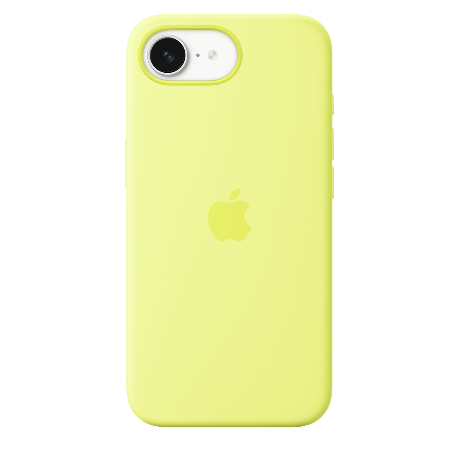 Een limoengroene telefoonhoes met een Apple-logo. De camera en flitser zijn bovenaan zichtbaar. De achtergrond is wit.