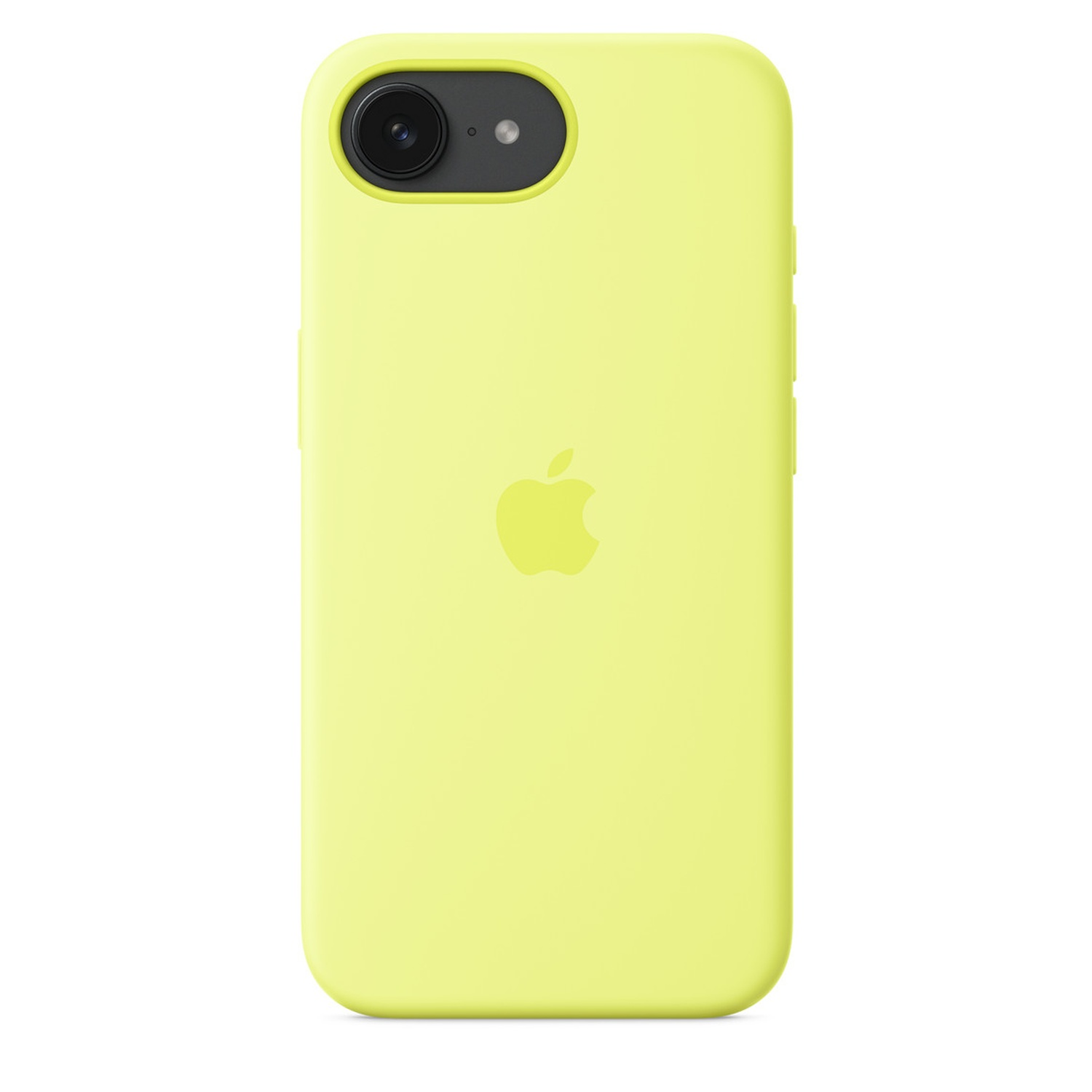 Een lichtgele iPhone met zwarte camera en Apple-logo op de achterkant. De achtergrond is wit.