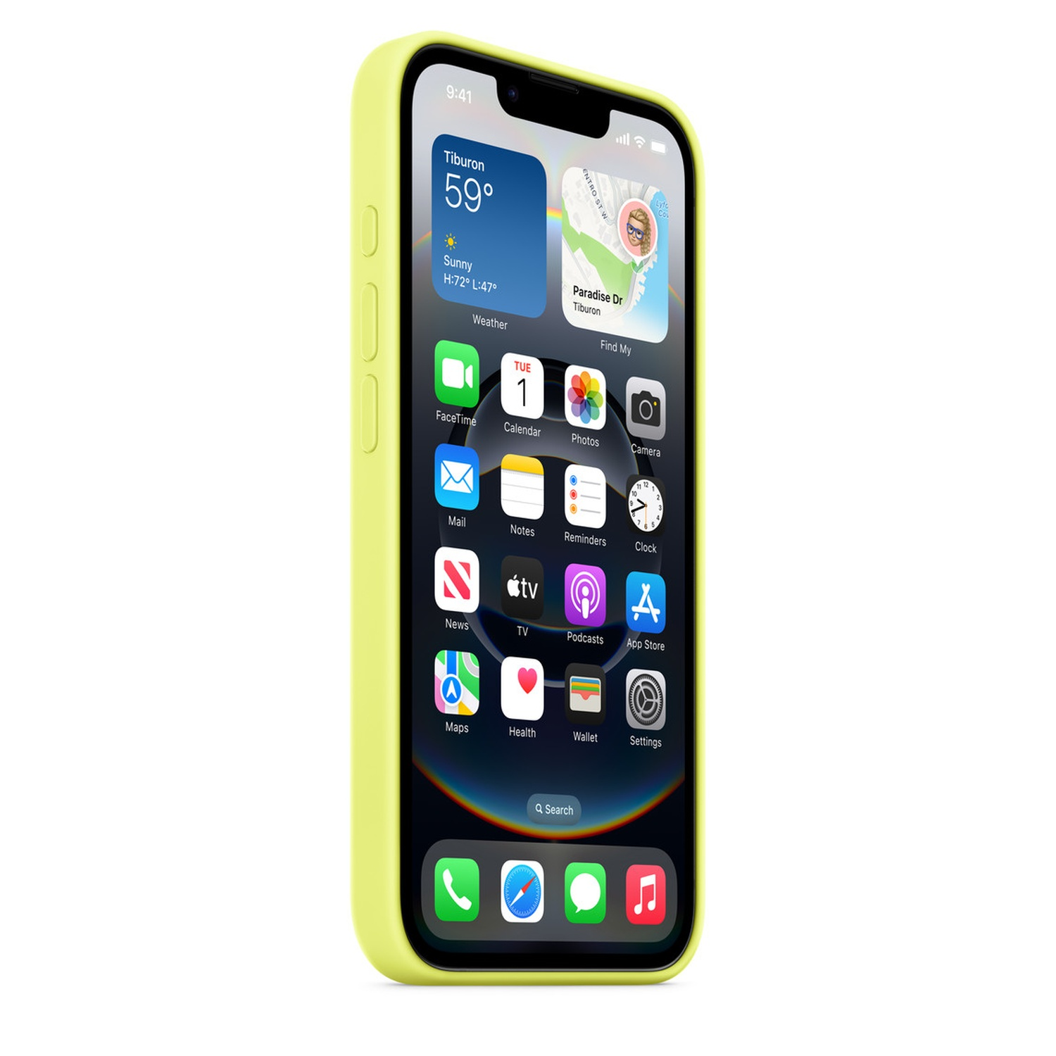 Een iPhone in een limoengroene hoes toont het startscherm. Het scherm toont apps en weersinformatie.