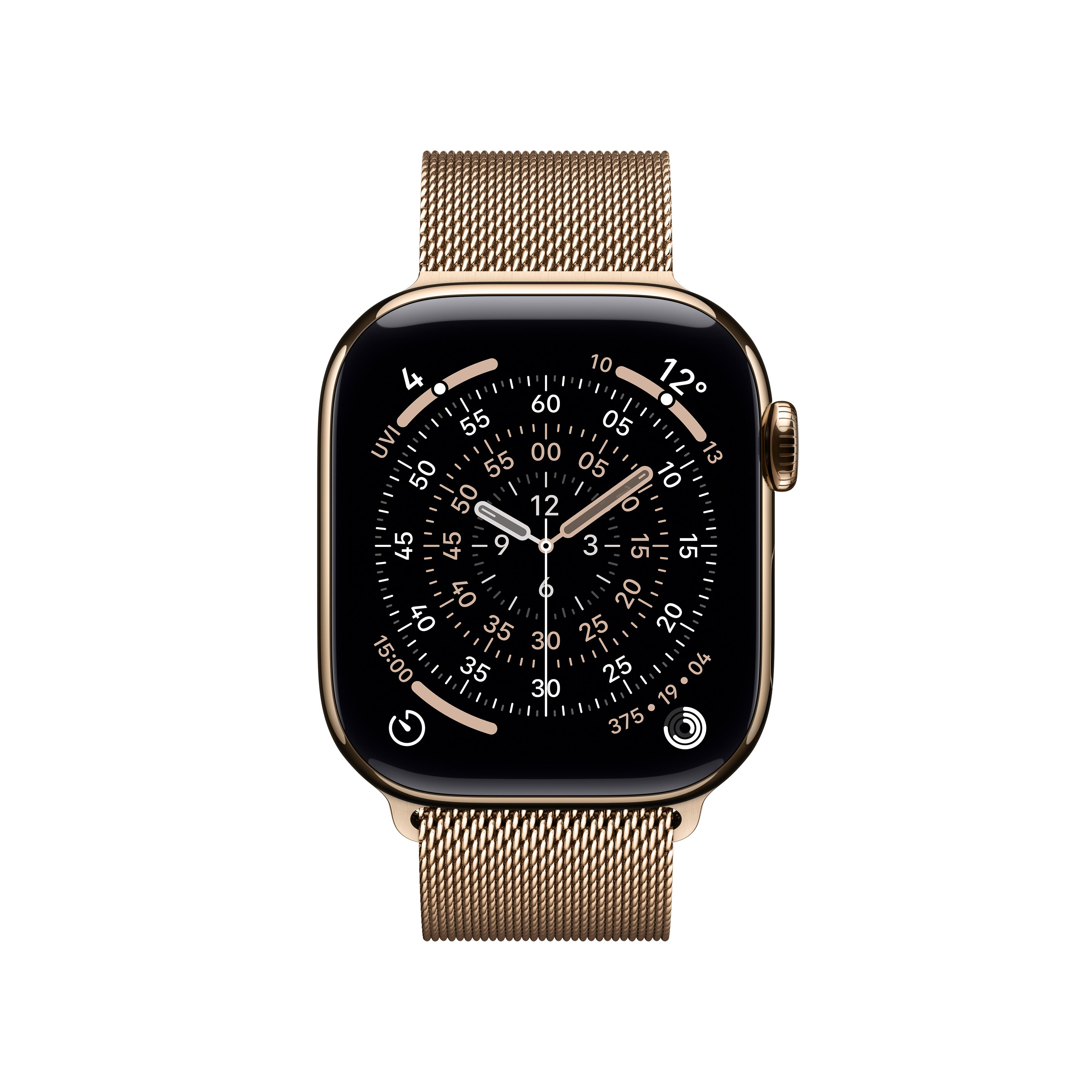 Goldene Apple Watch mit schwarzem Zifferblatt und goldfarbenem Mesh-Armband. Die Uhr zeigt Zeit und Daten, isoliert auf Weiß.