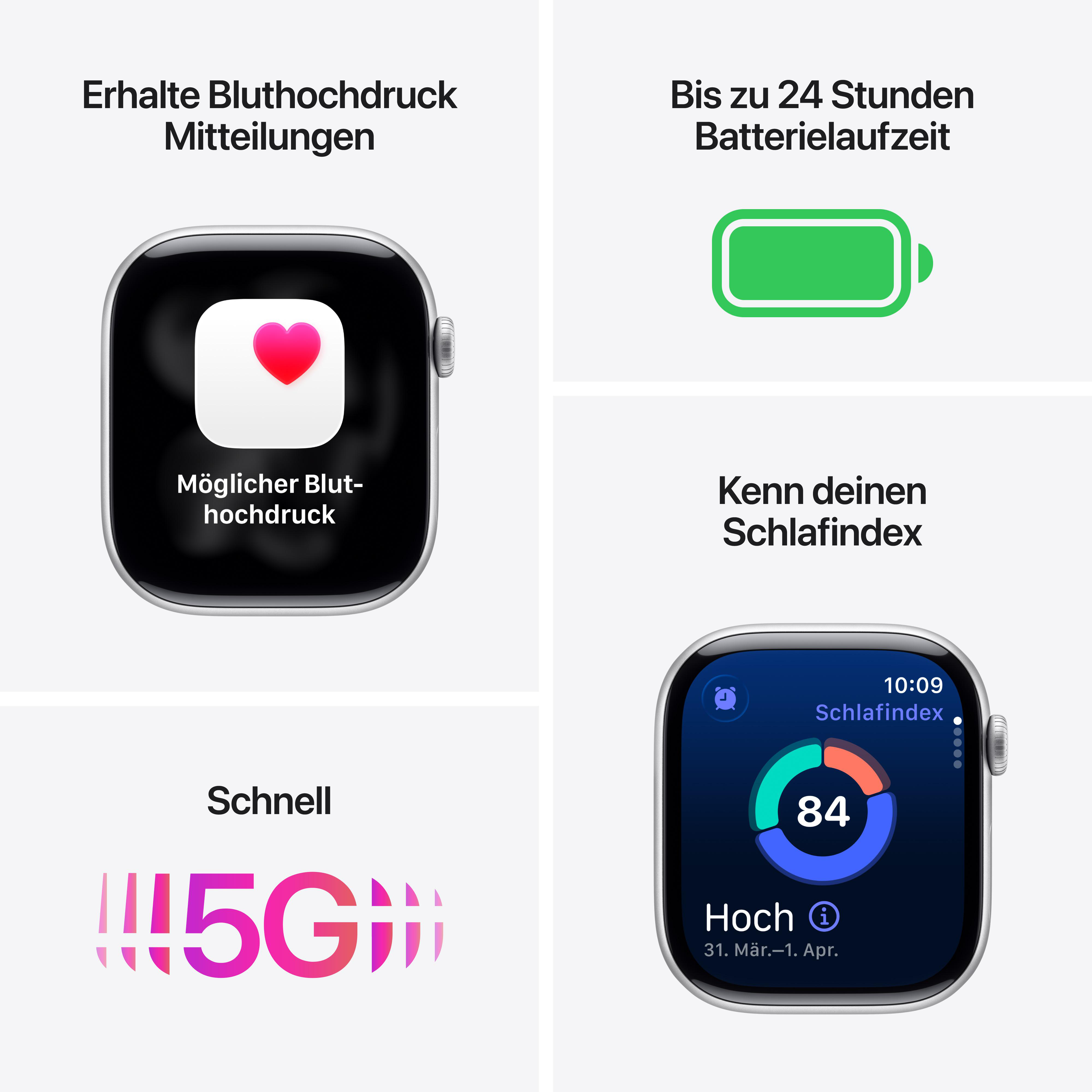 Eine Apple Watch mit Herzsymbol, Akku, Schlafindex und 5G-Logo auf weißem Hintergrund.