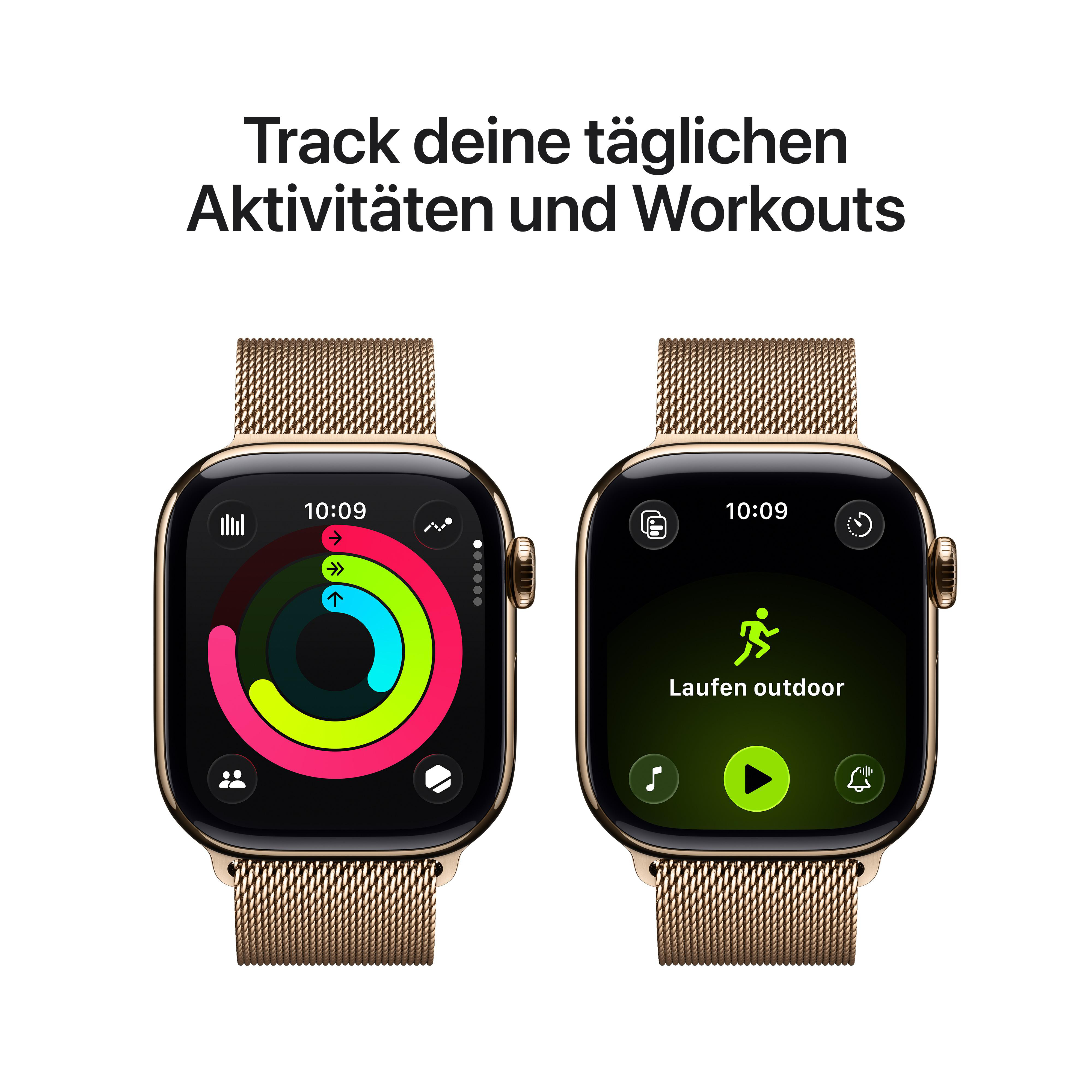 Zwei Smartwatches zeigen Aktivitätsverfolgung. Eine zeigt Ringe, die andere eine Laufaktivität. Beide haben goldene Armbänder.