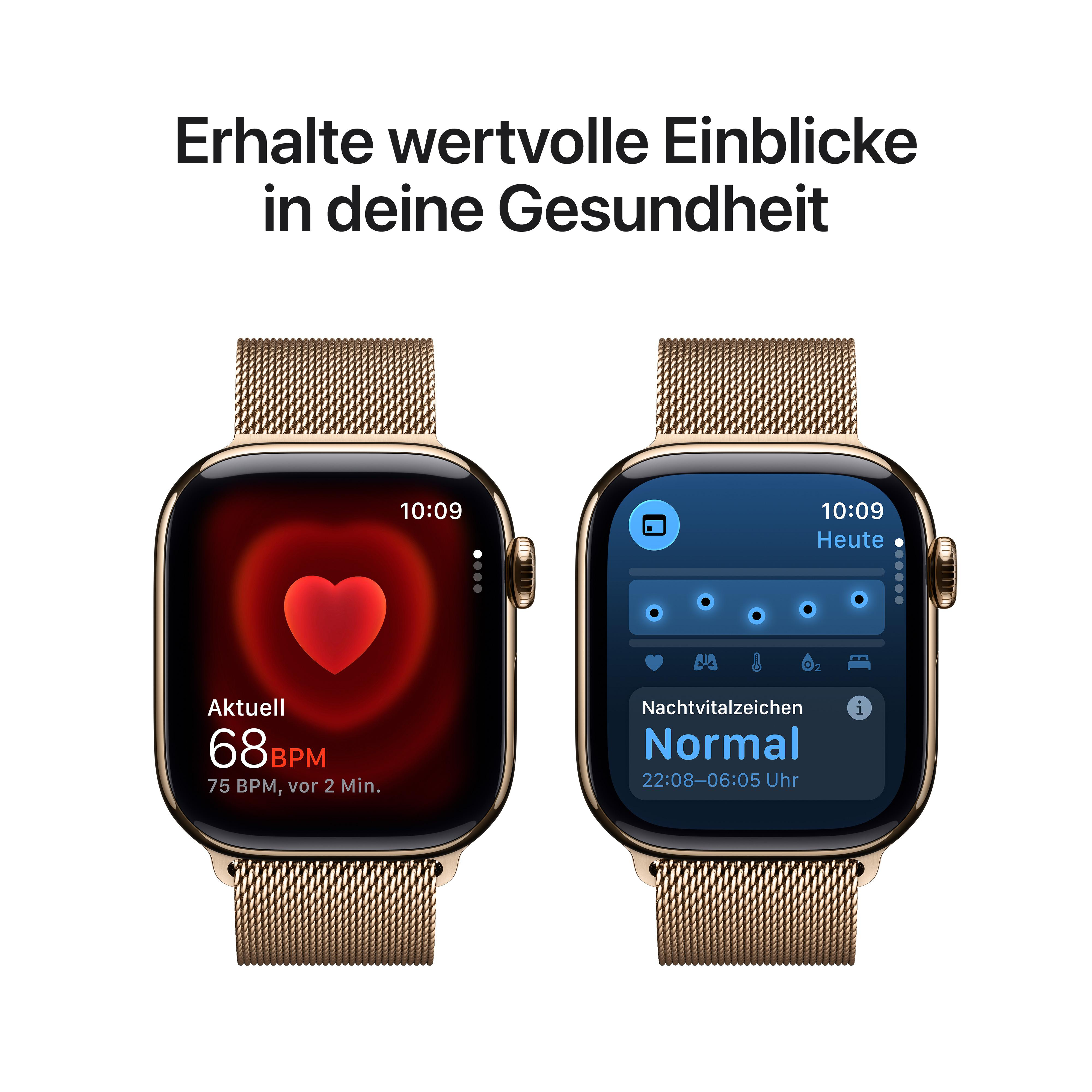 Zwei Smartwatches mit Gesundheitsdaten auf goldenen Mesh-Armbändern. Eine zeigt die Herzfrequenz, die andere Schlafdaten.