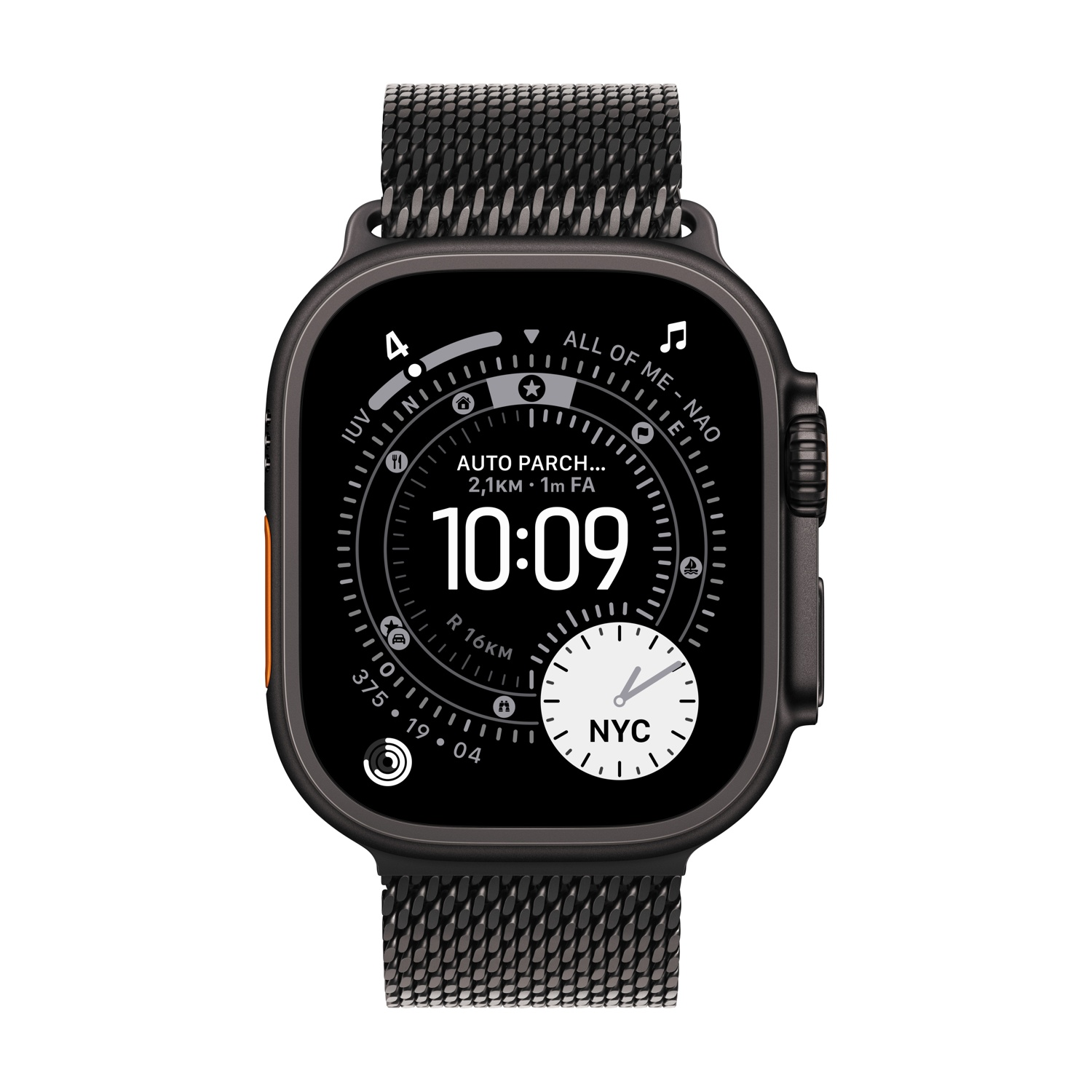 Uno smartwatch nero con cinturino a maglie mostra l'ora 10:09. Il quadrante mostra varie metriche e un indicatore dell'ora di NYC.