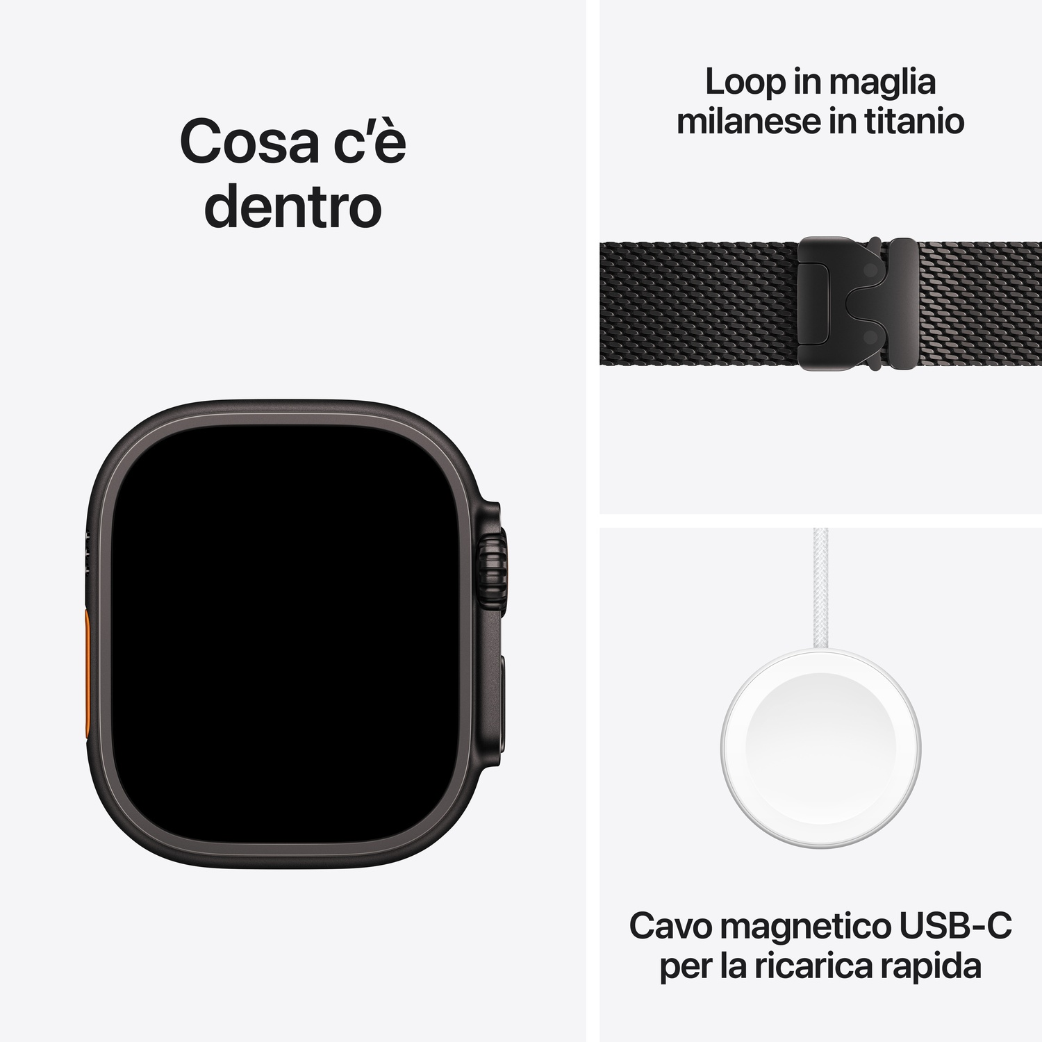 L'immagine mostra un Apple Watch, un cinturino a maglia in titanio e un cavo di ricarica USB-C. Tutti i componenti su sfondo bianco.