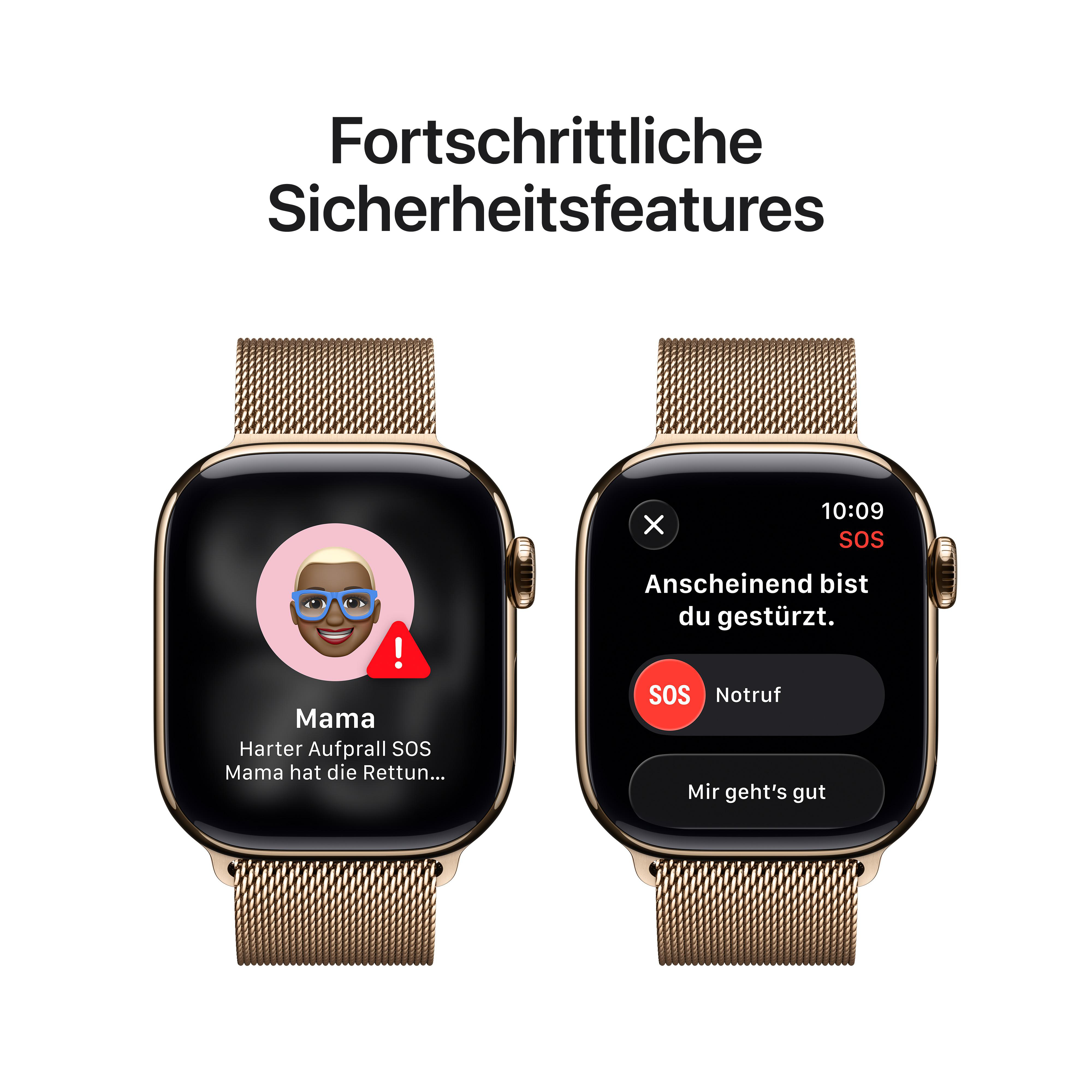 Zwei Smartwatches. Eine zeigt einen Sturz-Alarm mit SOS, die andere einen Kontakt mit Ausrufezeichen.