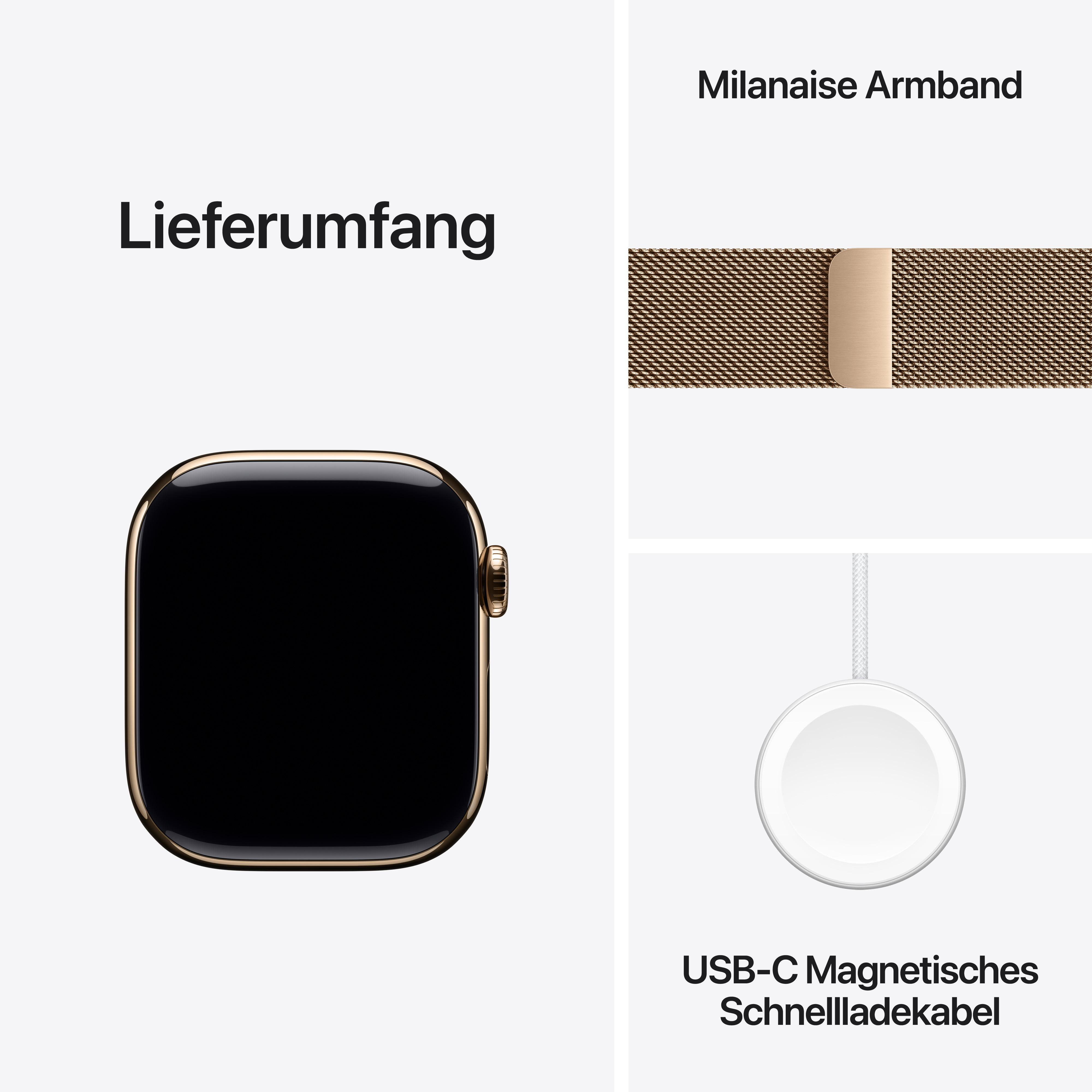 Eine Apple Watch, ein Mailänder Armband und ein Ladegerät. Die Uhr hat einen schwarzen Bildschirm und ein goldenes Gehäuse. Weißer Hintergrund.