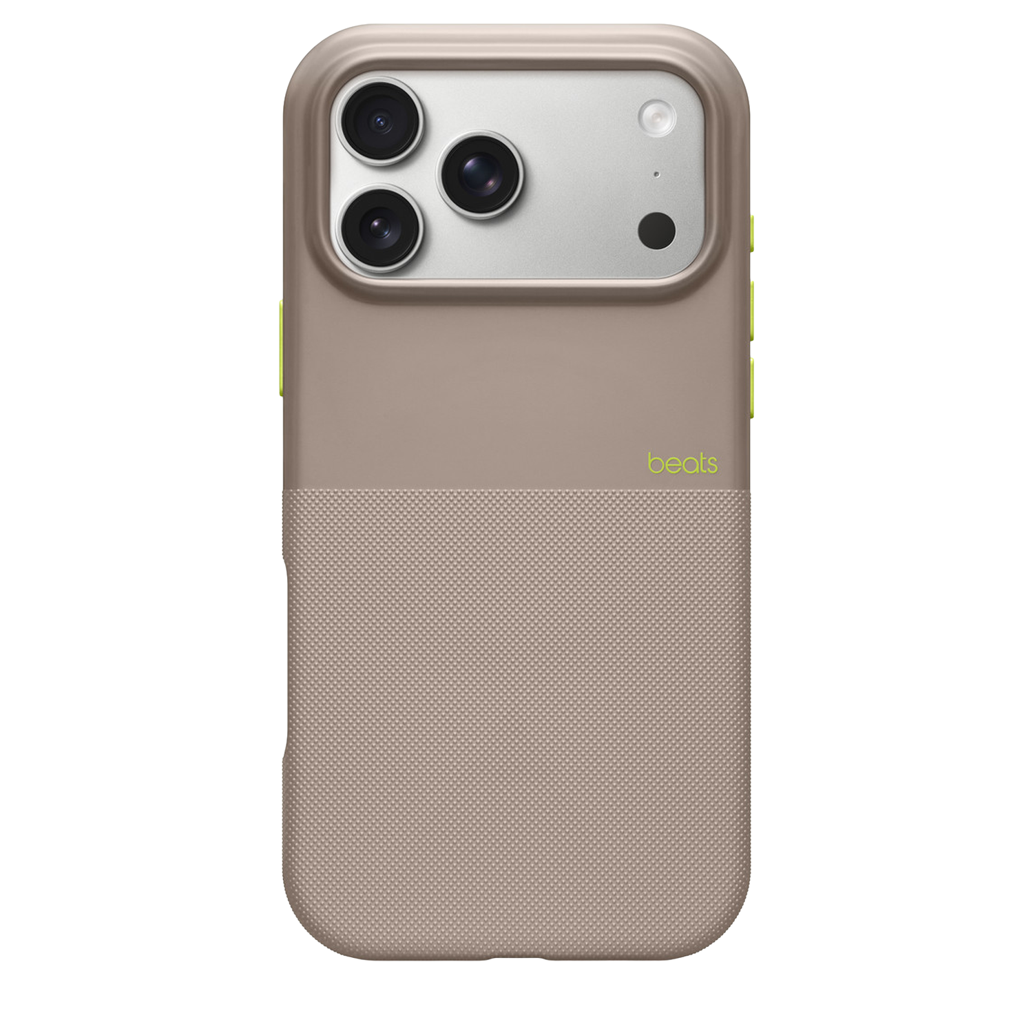 Un iPhone dans un étui Beats beige. L'étui a un fond texturé et un dessus lisse avec trois objectifs de caméra.