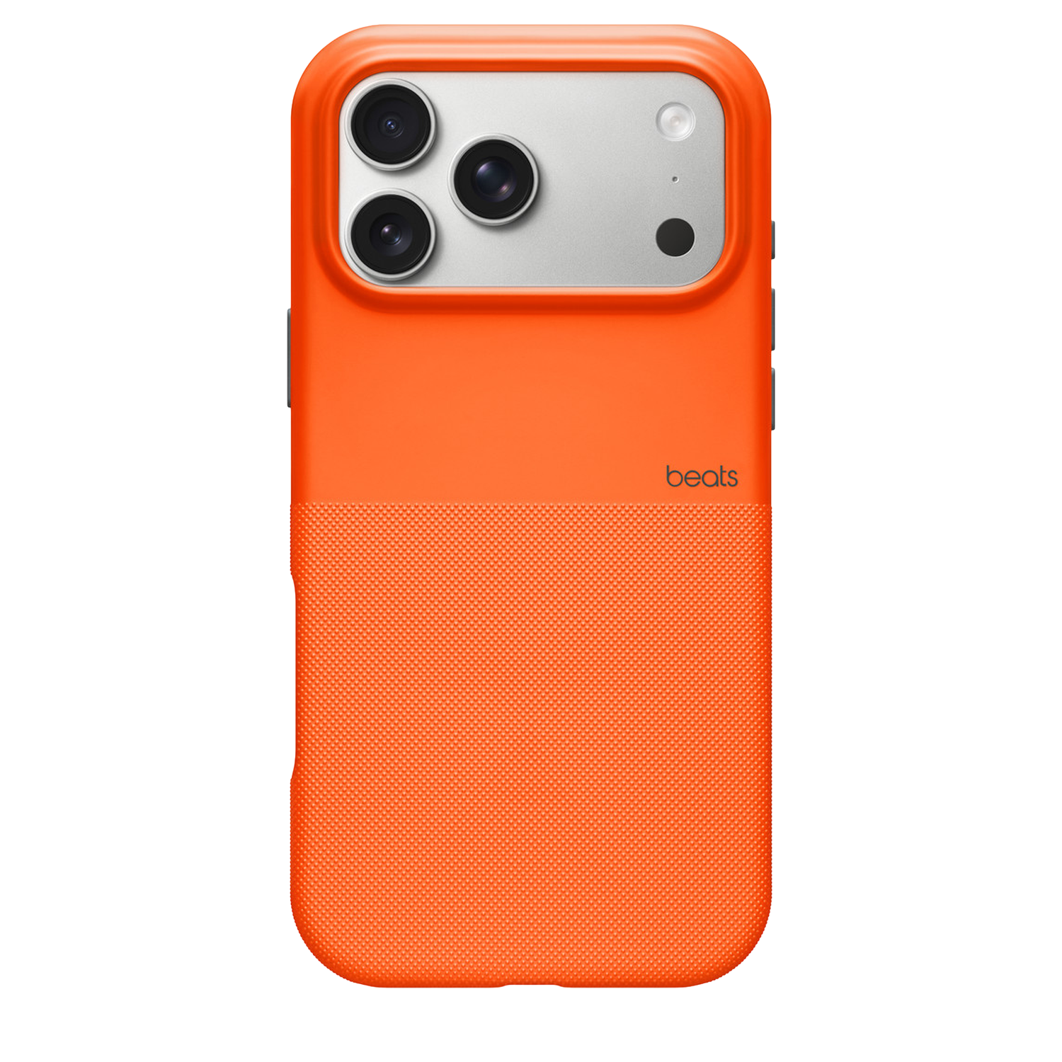Een oranje telefoonhoesje met drie cameralenzen, een flitser en het Beats-logo. De onderste helft heeft een textuurpatroon.