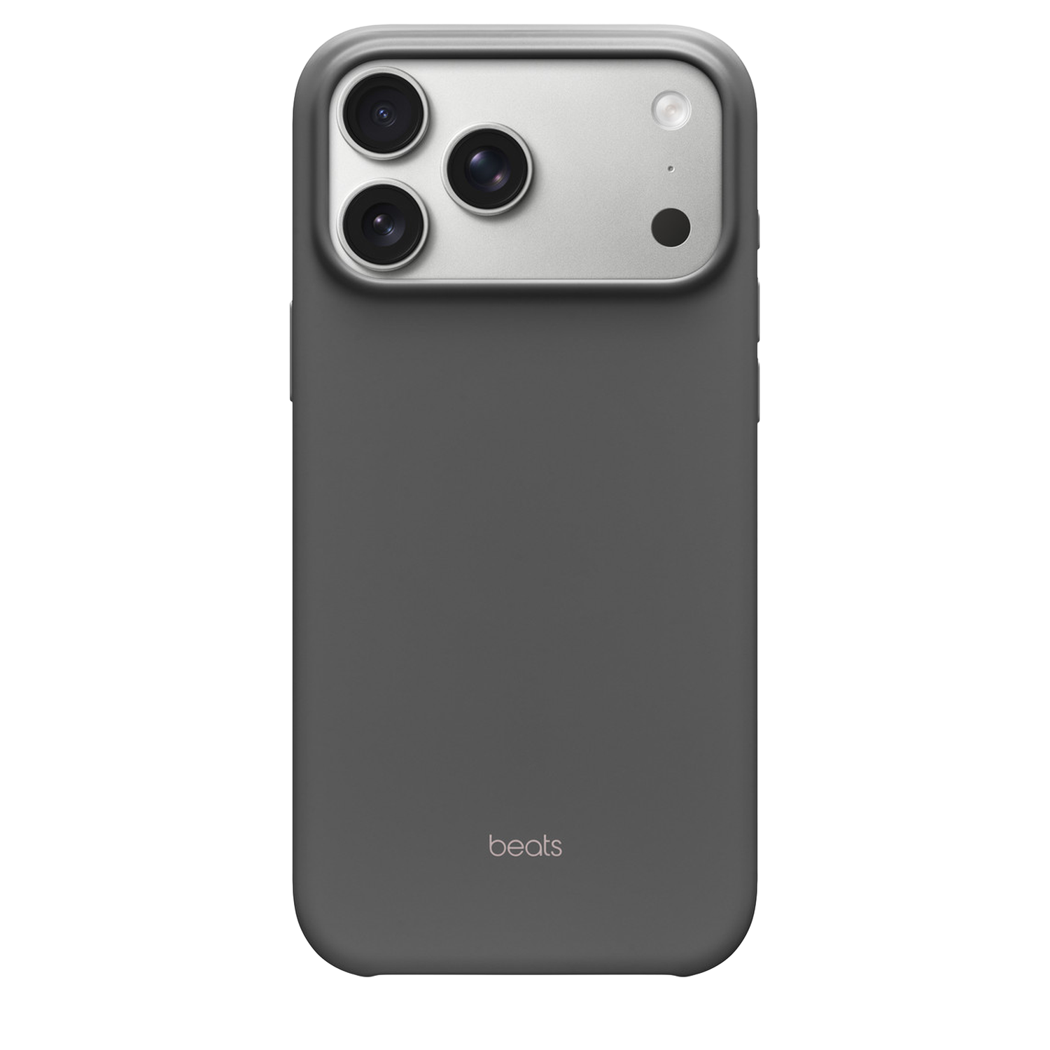 Une coque de téléphone gris foncé avec un module caméra argenté à trois lentilles et un flash. Le logo Beats est en bas.