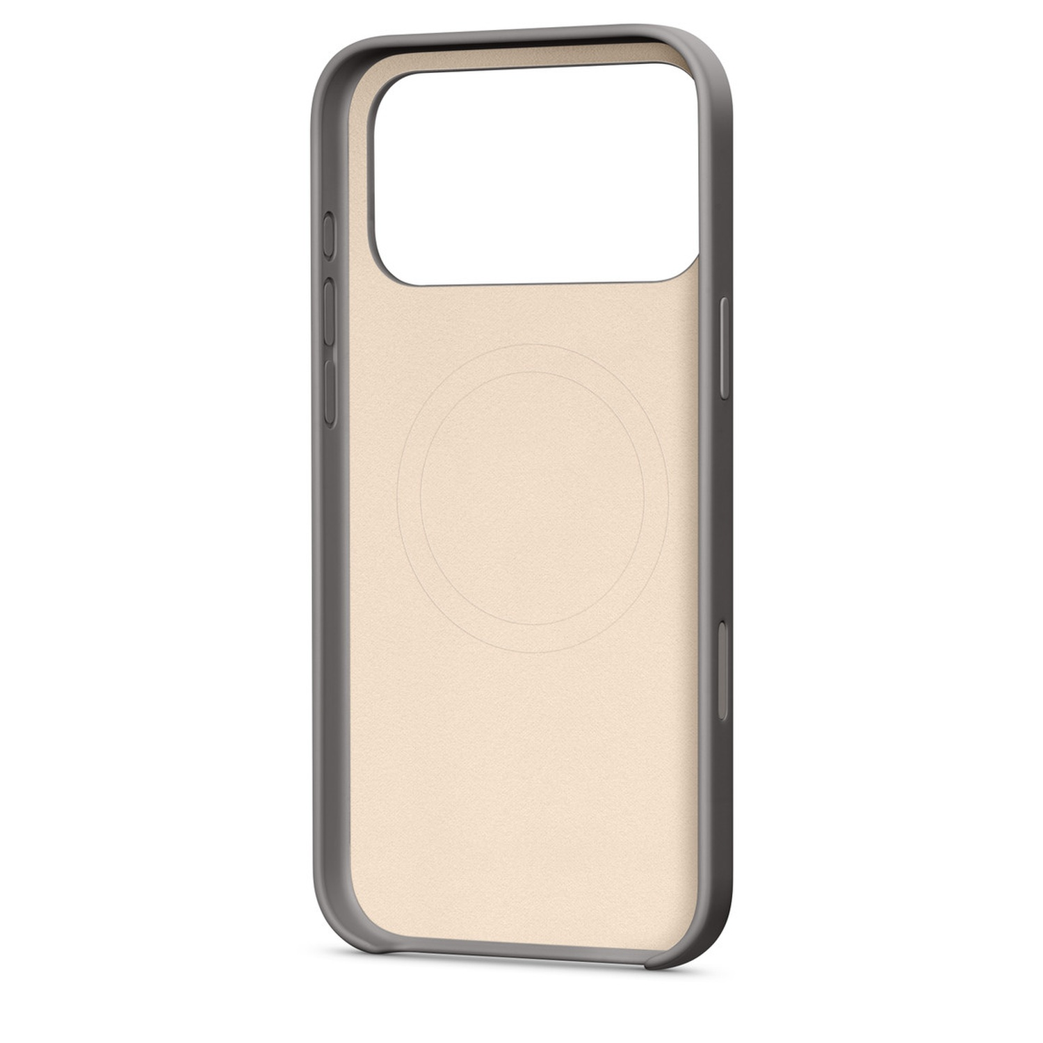 Une coque de téléphone avec un cadre gris foncé et un intérieur beige. Le cadre a des découpes pour l'appareil photo et les boutons.