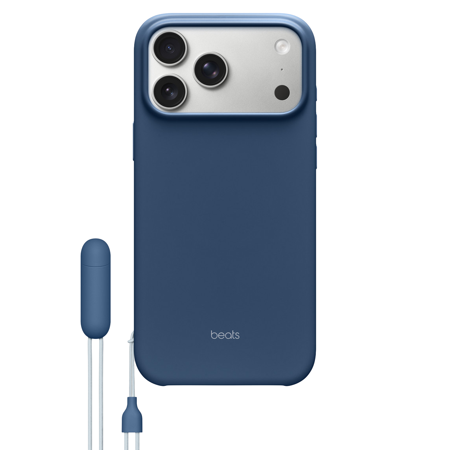 Een blauwe telefoonhoes met drie cameralenzen en een Beats-logo. Bevestigd is een blauwe oortelefoon met wit snoer.