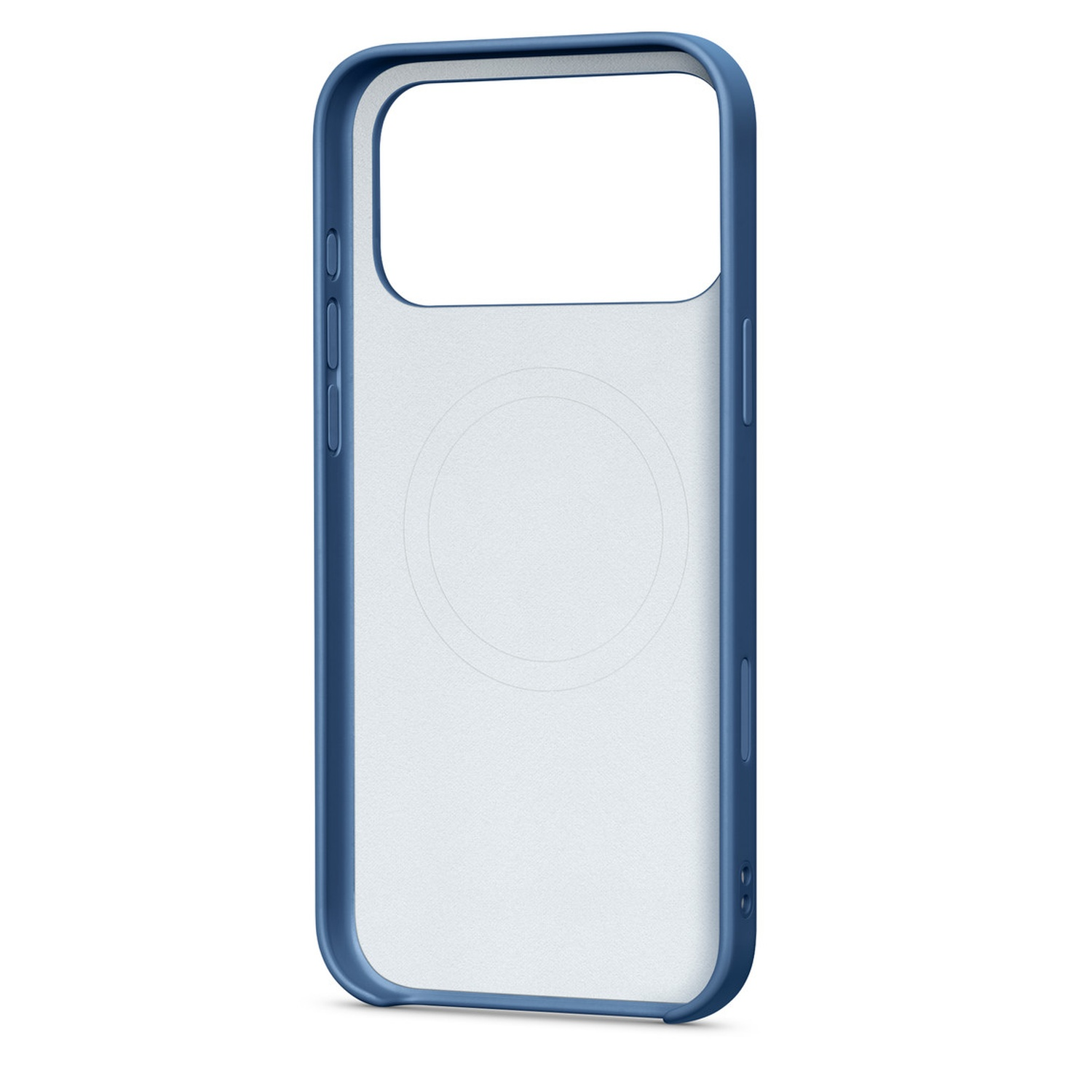Een transparante telefoonhoes met blauw frame. De achterkant is transparant met een vage cirkel. Knoppen zijn zichtbaar.