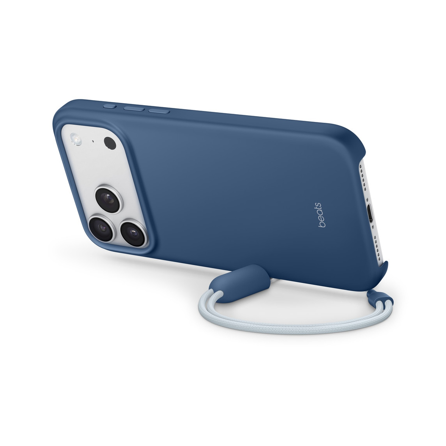 Een blauwe telefoonhoes met een witte band. De hoes heeft een camera en het woord 'beats'. Het staat op een witte achtergrond.