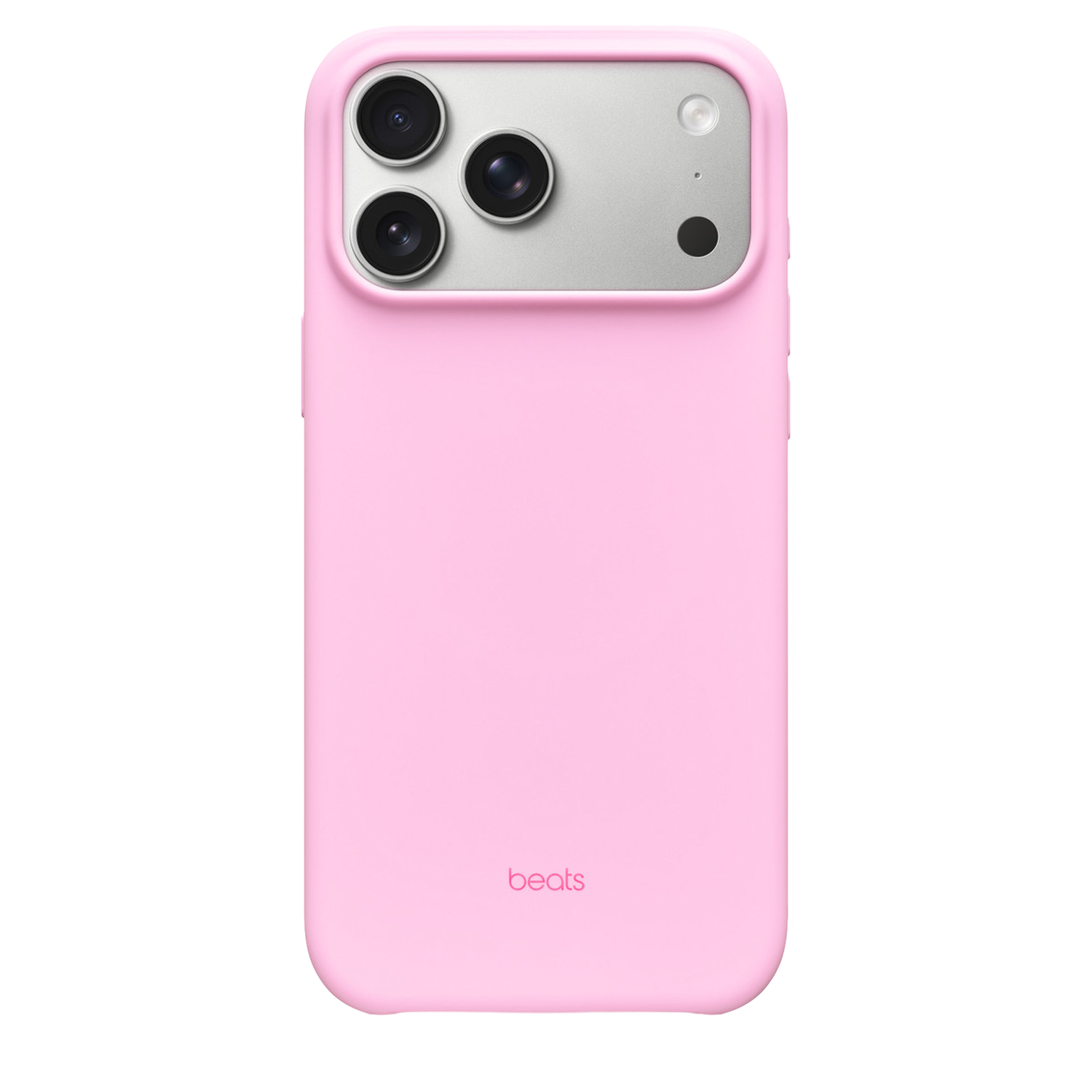 Une coque de téléphone rose avec une section caméra argentée. Trois lentilles et un flash sont visibles. Le mot 'beats' est imprimé sur la coque.
