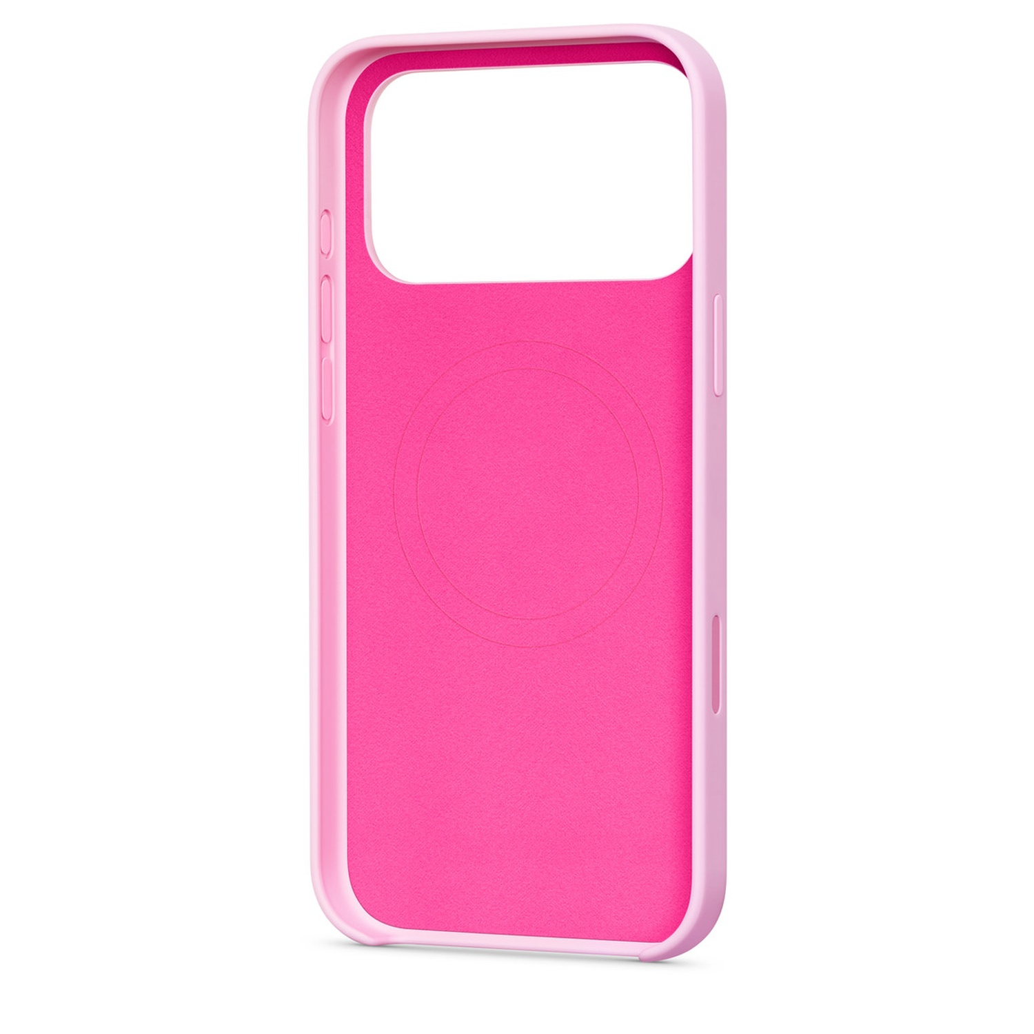 Une coque de téléphone rose, avec un cadre rose clair, repose sur fond blanc. L'intérieur est rose vif avec un design circulaire.