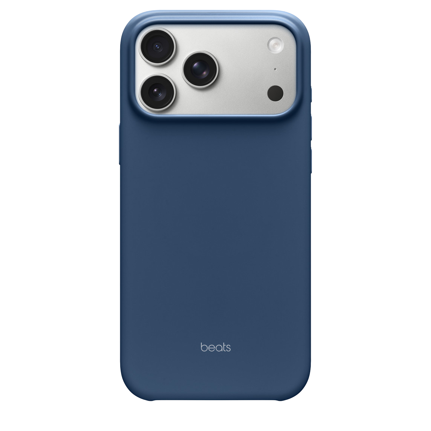 Een marineblauwe telefoonhoes met het Beats-logo. Het heeft drie cameralenzen en een flitser aan de achterkant.