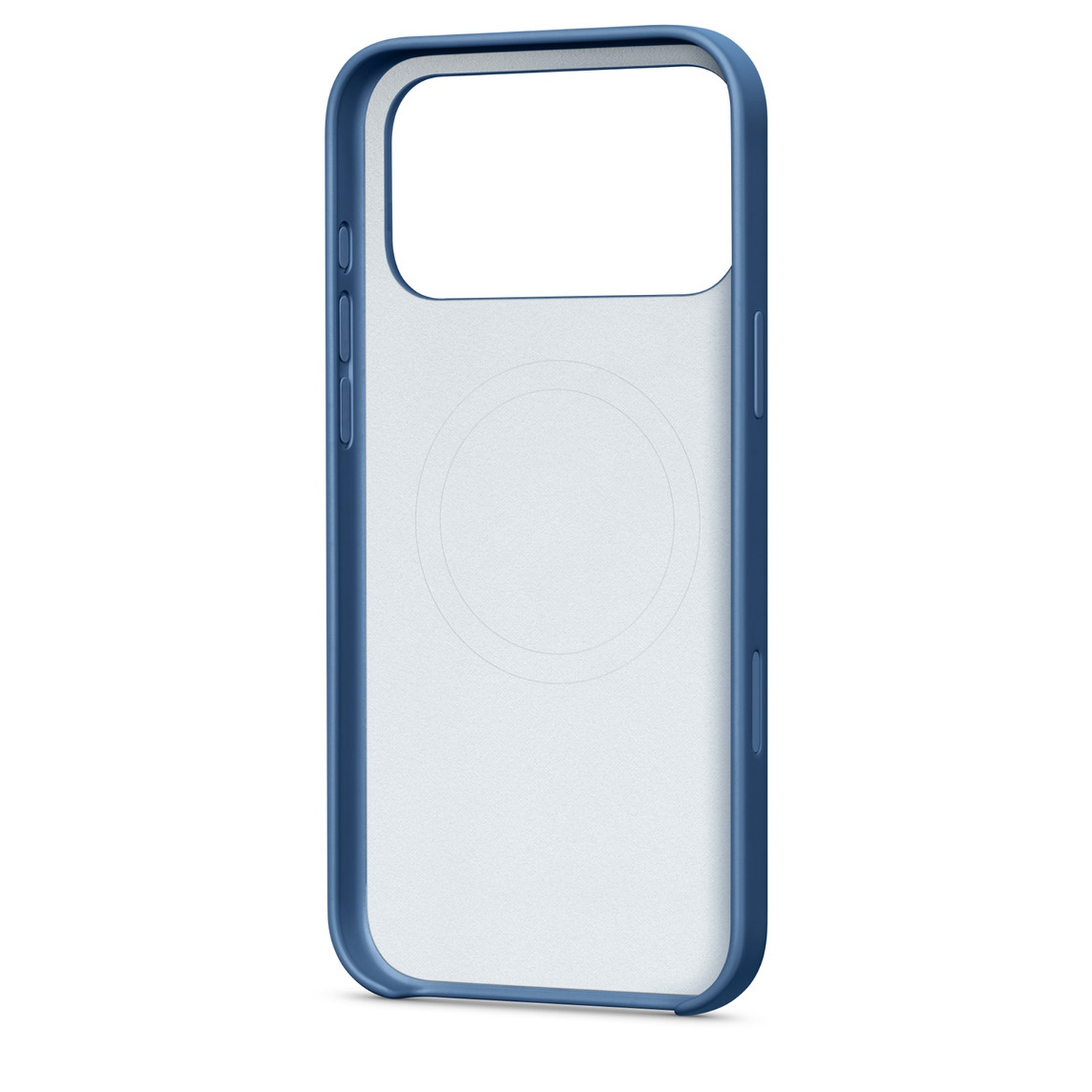 Een blauwe telefoonhoes met een doorzichtige achterkant. De hoes heeft een frame rond de randen met uitsparingen voor de camera en knoppen.