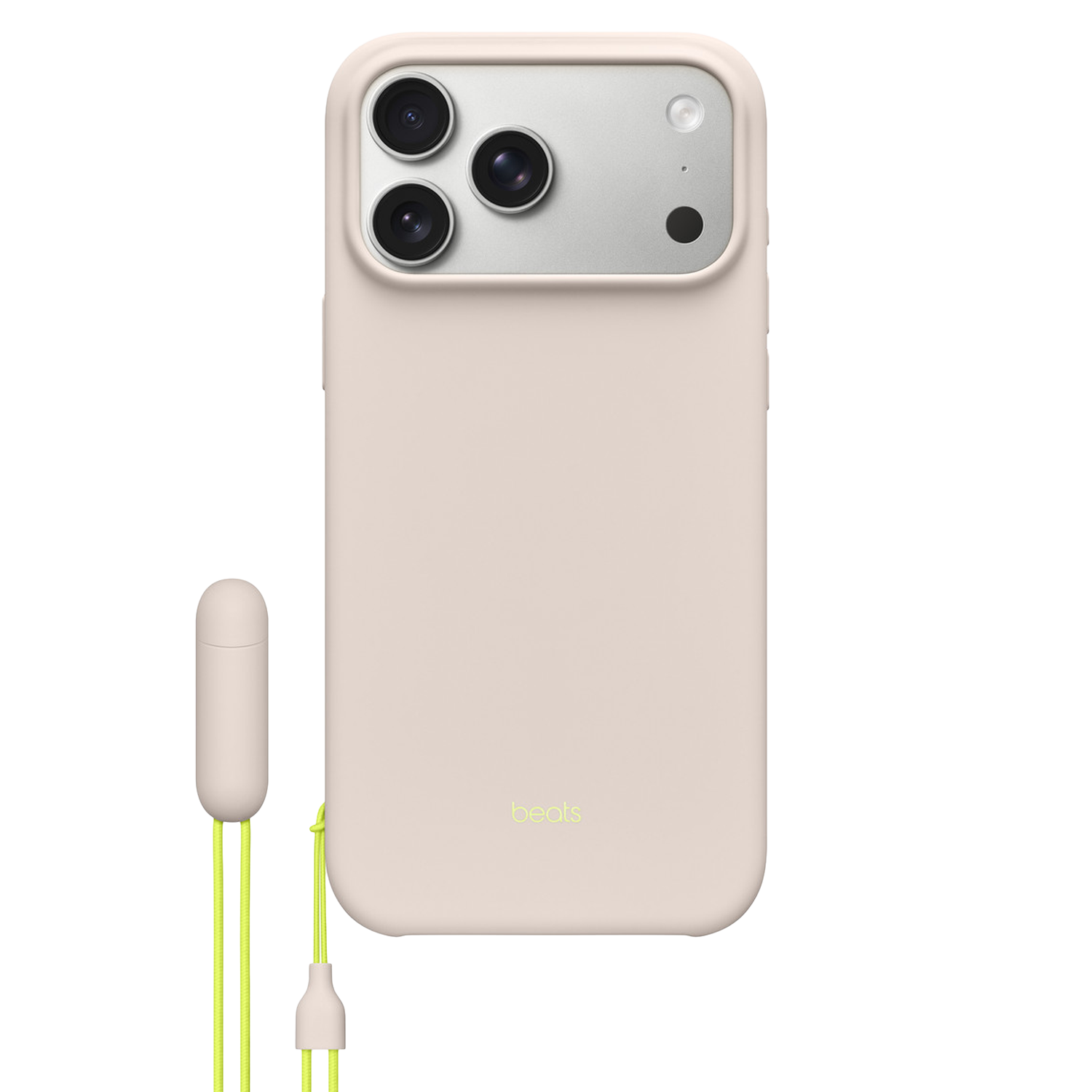 Een lichtroze telefoonhoesje, een gele koord en oortelefoons en het Beats-logo.