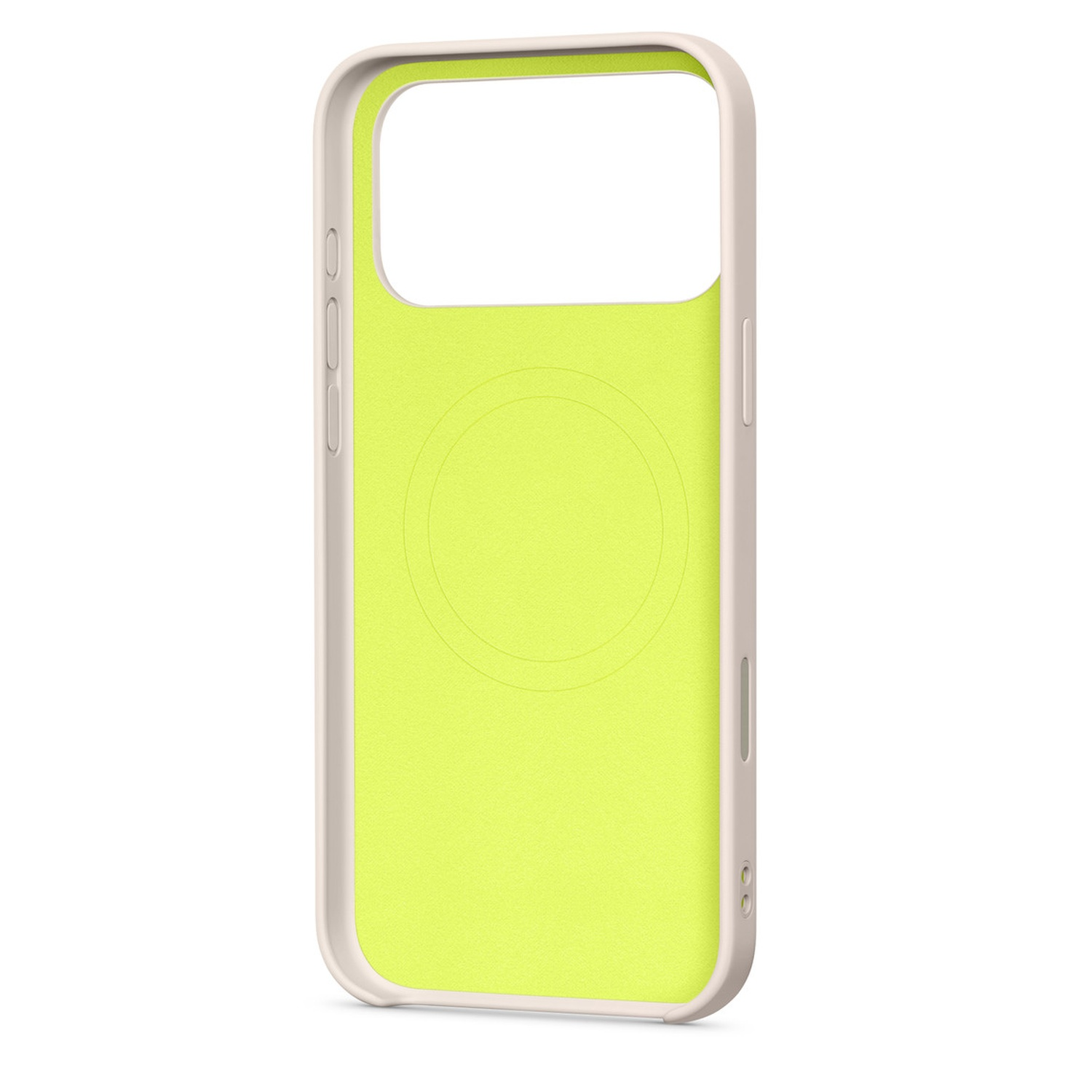 Een telefoonhoesje met een neon groen interieur en een lichtbeige exterieur. Het heeft een uitsparing voor de camera en knopdetails. De case staat op een witte achtergrond.