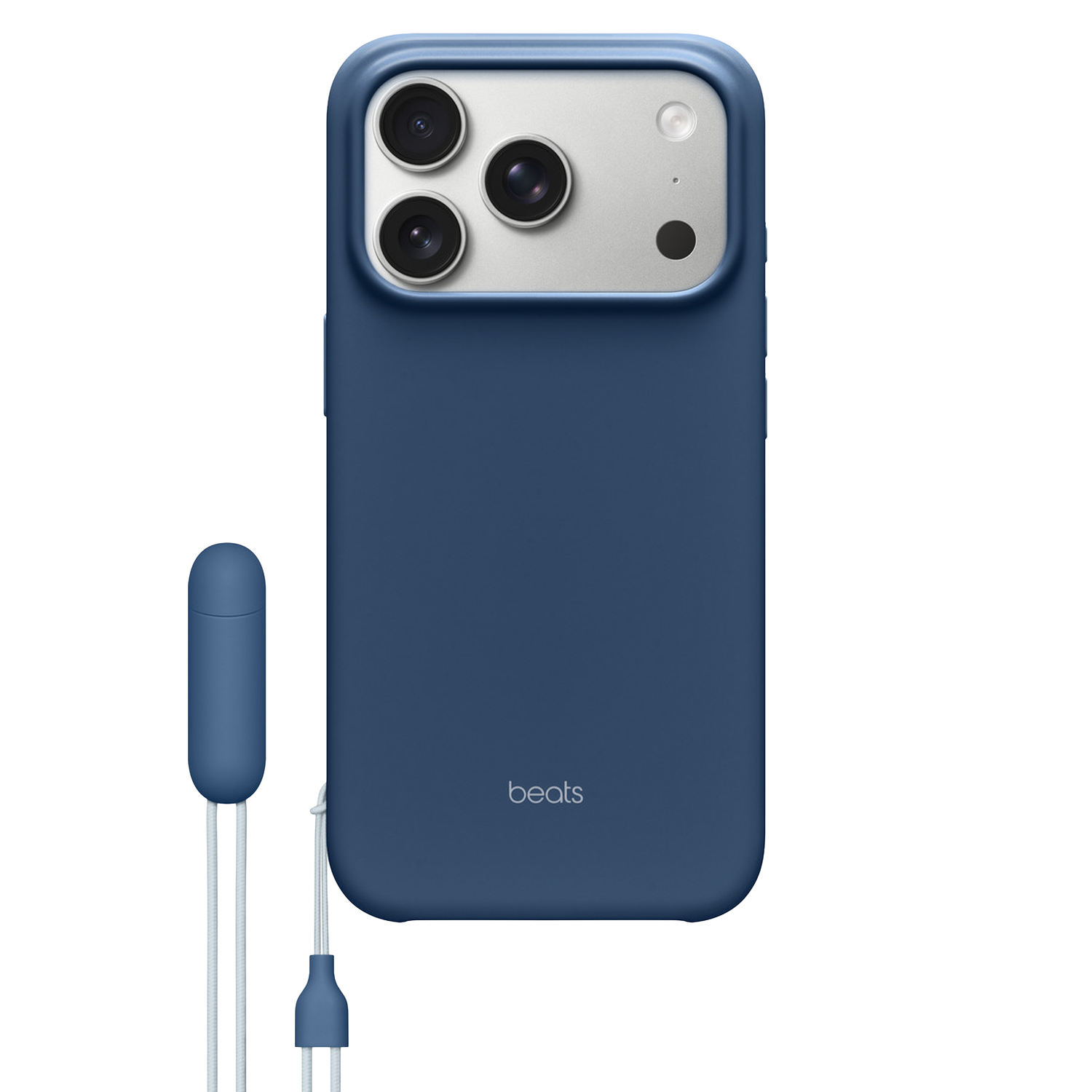 Een donkerblauwe iPhone-hoes met drie cameralenzen. Een bijpassend accessoire met snoer is bevestigd. Het woord "beats" staat op de hoes.