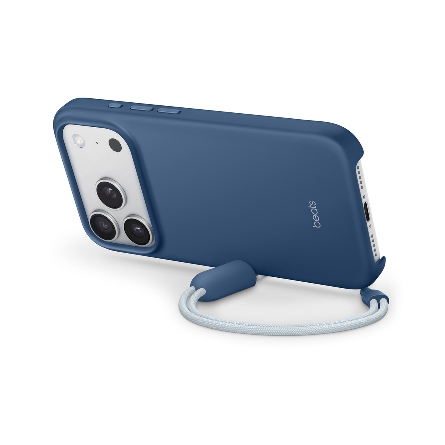 Een blauwe telefoonhoes met een witte band. De cameralenzen van de telefoon zijn zichtbaar. De achtergrond is wit.