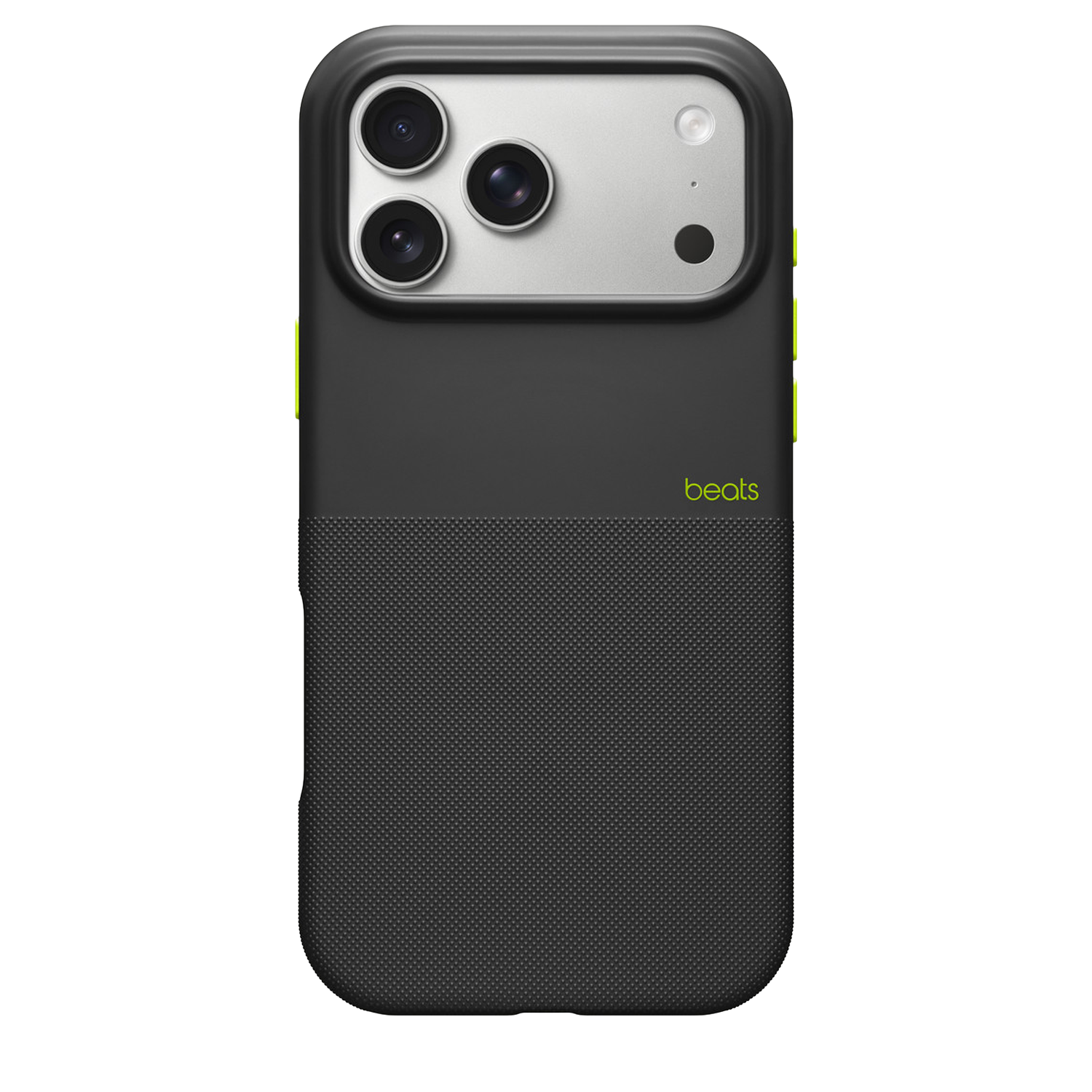 Een zwarte iPhone-hoes met een getextureerde onderste helft en een zilveren bovenste gedeelte met drie cameralenzen en een flitser. Het merk is 'beats'.