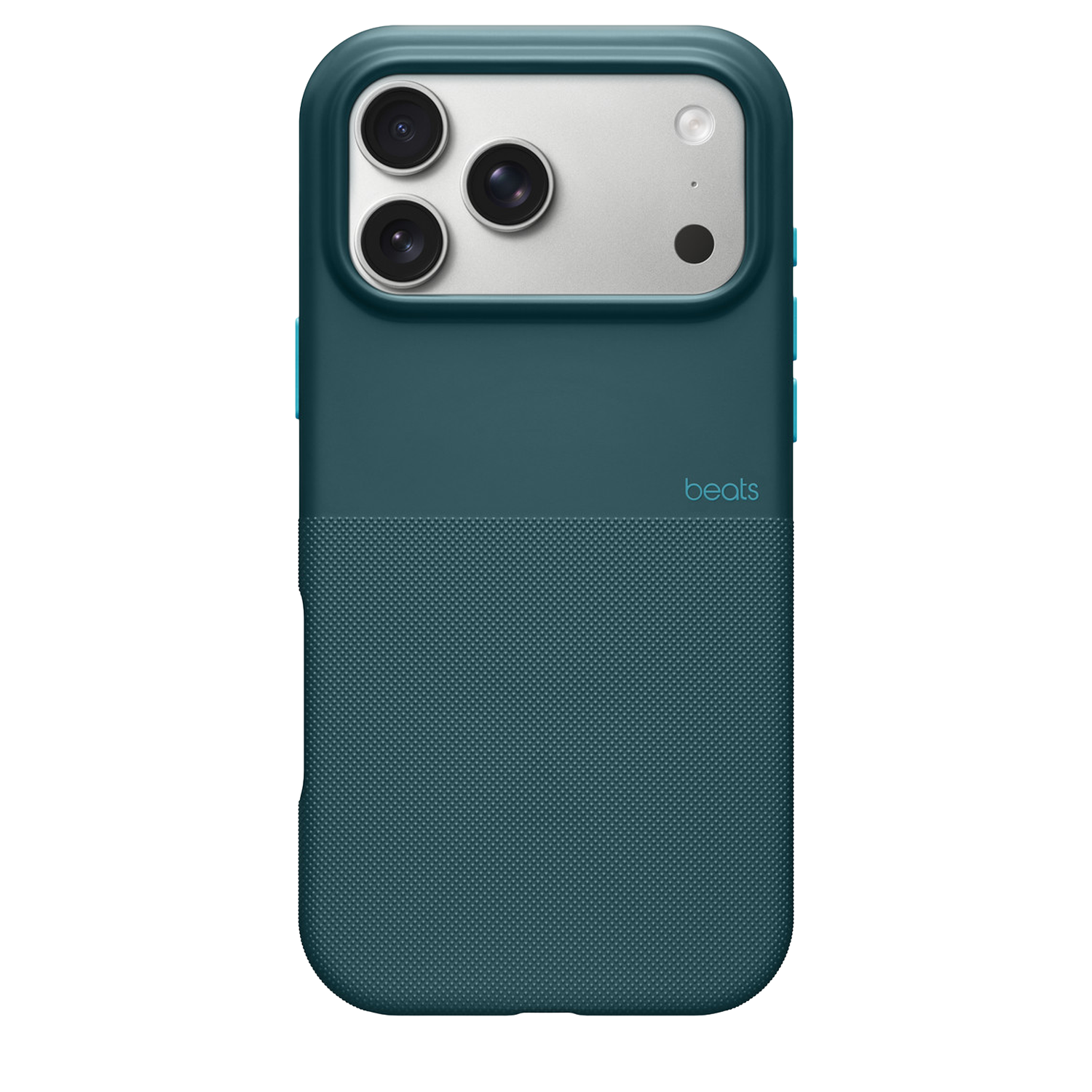 Een teal Beats telefoonhoesje. Het bovenste gedeelte heeft cameralenzen, de onderkant heeft een textuurpatroon. Het Beats-logo is zichtbaar.